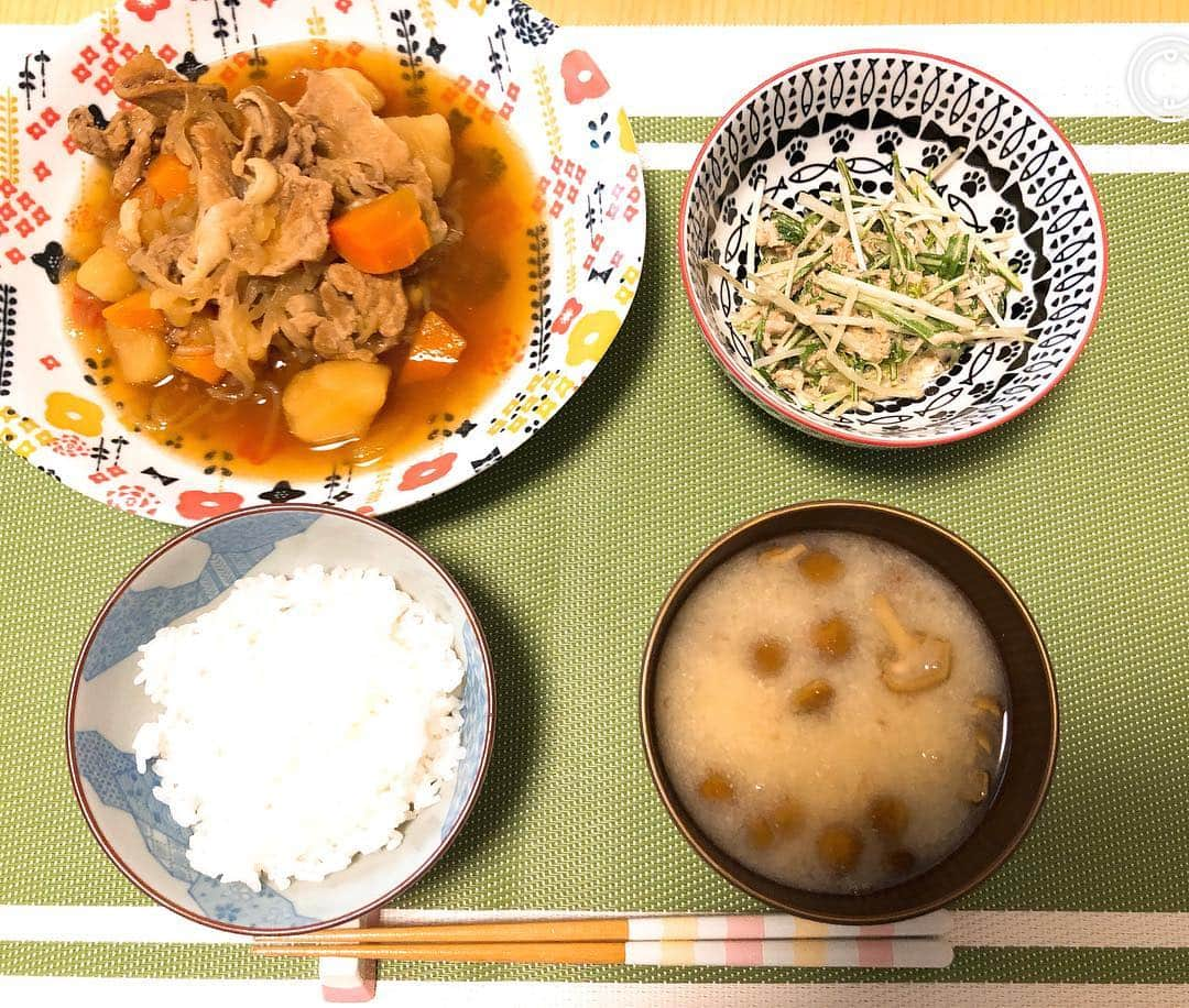 ヒラヤマンさんのインスタグラム写真 - (ヒラヤマンInstagram)「バリ久しぶりにご飯つくった！白米が好きすぎる！ #夜ごはん #水菜とツナのサラダ #なめこの味噌汁 #白いごはん #肉じゃが」4月2日 0時33分 - hirayaman2