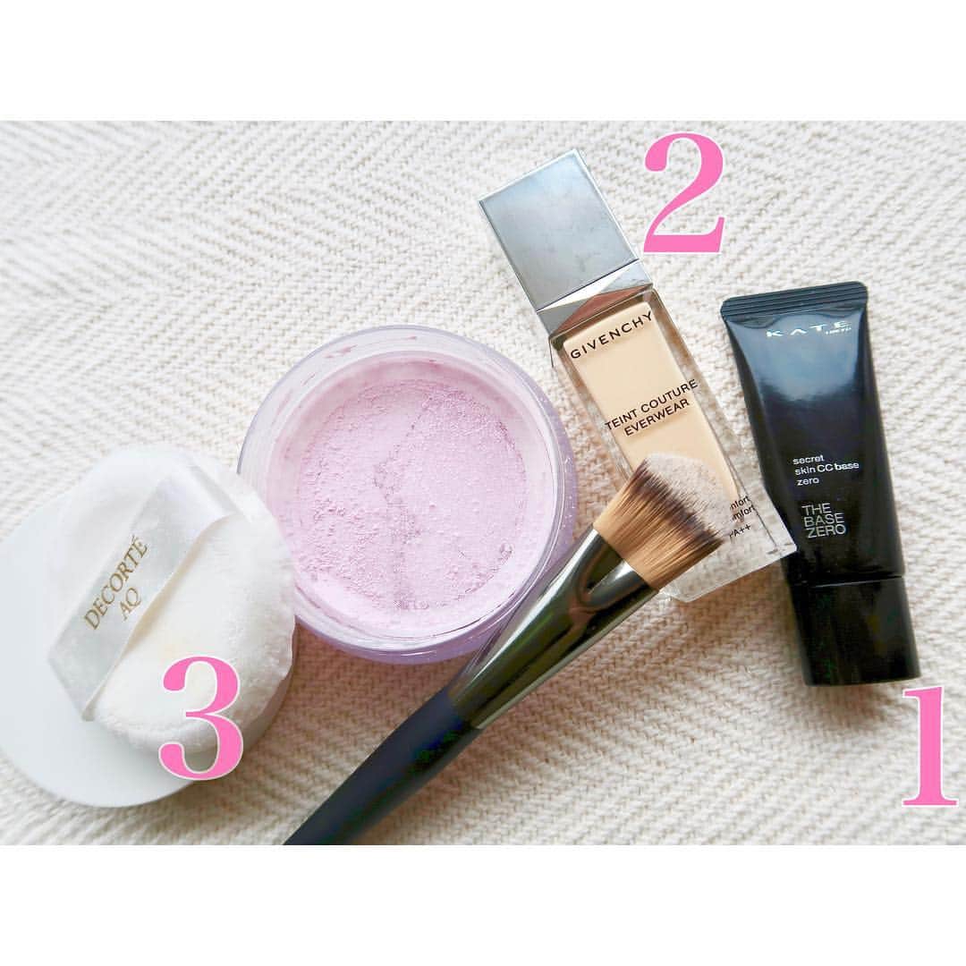 のインスタグラム：「💄﻿ 一つ前の投稿のメイク動画で使ったアイテムリストです😊﻿ ﻿ ﻿ ﻿ 🌸1→コントロールカラー﻿ KATE﻿ ケイト シークレットスキン CCベースゼロ EX-2﻿ ﻿ 🌼2→ファンデーション﻿ GIVENCHY﻿ ジバンシー タン・クチュール・エバーウェア Y110﻿ ﻿ 🌸3→フェイスパウダー﻿ COSMEDECORTE﻿ コスメデコルテ AQ フェイスパウダー 001﻿ ﻿ 🌼4→アイシャドウ﻿ excel﻿ エクセル スキニーリッチシャドウ SR09﻿ ﻿ 🌸5→マスカラ﻿ dejavu﻿ デジャヴ ラッシュアップK﻿ ﻿ 🌼6→アイライナー﻿ KATE﻿ ケイト スーパーシャープライナーEX﻿ ﻿ 🌸7→アイブロウパウダー﻿ WHOMEE﻿ フーミー アイブロウパウダー レッドブラウン﻿ ﻿ 🌼8→チーク﻿ CHICCA﻿ キッカ フローレスグロウ フラッシュブラッシュ07スウィートピギー﻿ ﻿ 🌸9→リップ﻿ LANCOME﻿ ランコム ラプソリュ トーンアップ バーム 603﻿ ﻿ ﻿ ﻿ #KATE #ケイト #GIVENCHY #ジバンシー #COSMEDECORTE #コスメデコルテ #WHOMEE #フーミー #excel #エクセル #dejavu #デジャヴ #CHICCA #キッカ #LANCOME #ランコム #miki_cosmetics_list #cosmetics #コスメ #春メイク #ベースメイク #チーク #アイシャドウ #ファンデーション #アイブロウ #リップ #コントロールカラー #マスカラ #アイライナー」