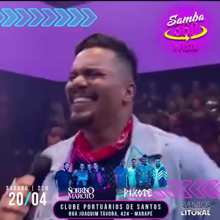 Sorriso Marotoのインスタグラム：「Alô, baixada Santista! 😀 Dia 20/Abril tem a gente e os irmãos do @grupopixote no #Samba360 no Clube dos Portuários! Garanta já seu ingresso pra essa boa! 😉 #sorrisovoltei」