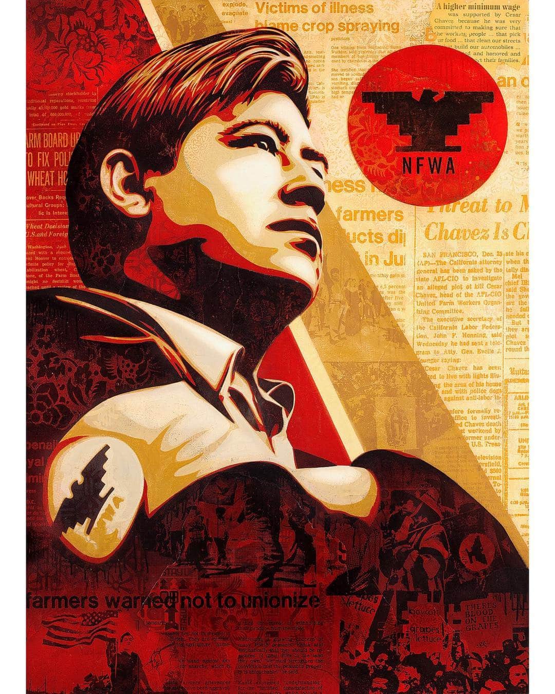 Shepard Faireyさんのインスタグラム写真 - (Shepard FaireyInstagram)「I created this image of Cesar Chavez in collaboration with Jim Marshall's estate for my project, "American Civics" in 2016. Workers’ rights continues to be a theme that I care about and one of the main focuses of this series. Although Cesar Chavez Day was yesterday, I think about Chavez daily because my studio is on the part of Sunset that turns into Cesar Chavez Boulevard in Echo Park. I believe in what he stood for as an activist and civil rights leader. He fought for the rights of people doing some of the most difficult work for some of the lowest wages, to unionize and advocate for themselves to earn a dignified wage. As we continue to live and work in today's society, it’s important to remember everything Chavez fought for. I'm looking forward to attending the Cesar Chavez Foundation Gala this Thursday in Los Angeles. Some of the large format prints of "Workers’ Rights” from the American Civics series are still available and will be back on obeygiant.com soon, with a portion of proceeds going to the United Farm Workers of America. Stay tuned! – Shepard」4月2日 5時27分 - obeygiant