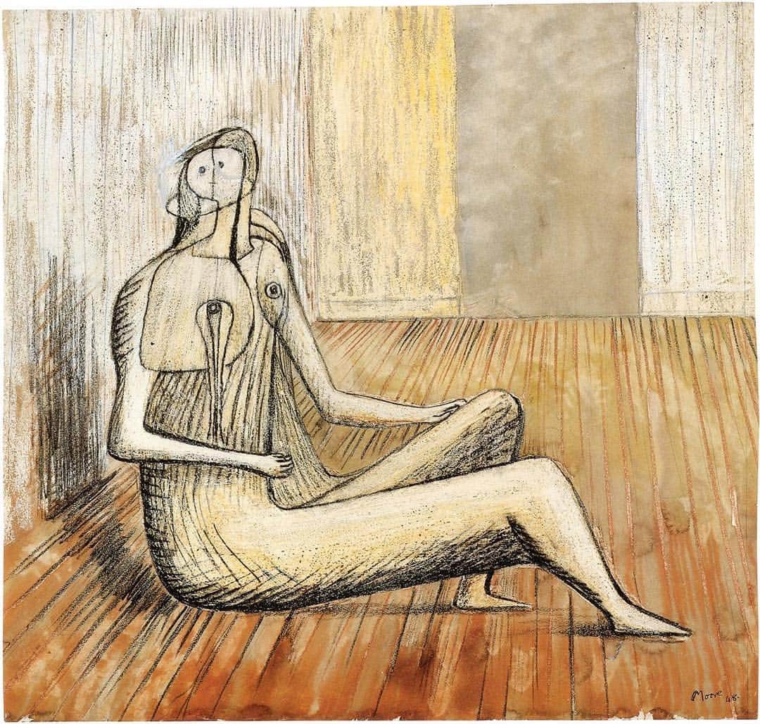 のインスタグラム：「"Henry Moore Drawings: The Art of Seeing” opens tomorrow, April 3, at the Henry Moore Foundation in England.  Although Moore is best known as a sculptor, he was an exceptionally talented and prolific draftsman, producing a body of nearly 7,500 drawings over seven decades. “The Art of Seeing” explores the many different ways in which Moore used drawing, starting with studies from life of the 1920s and ending with the rarely seen late drawings of the 1970s and early 1980s. Find out more via the link in our bio! __________ #HenryMoore #Gagosian @henrymoorestudios Henry Moore, “Seated Figure,” 1948 © Henry Moore Foundation」