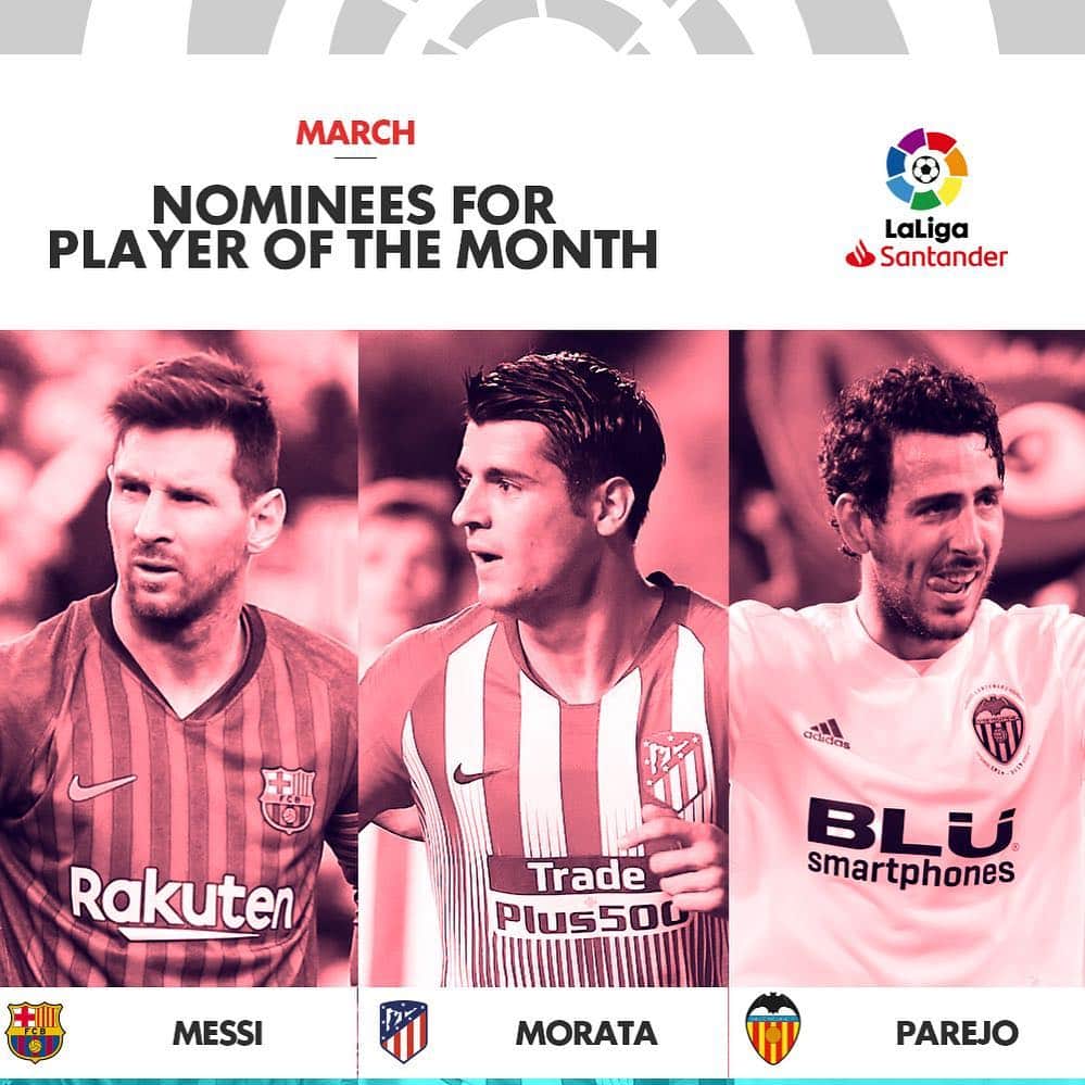 LFPさんのインスタグラム写真 - (LFPInstagram)「The nominees for LaLiga Santander Player of the Month for March are: ⭐️ @leomessi 💥 @alvaromorata 🎩 @dani_parejo10  Your favourite? 🧐 • #LaLiga #LaLigaSantander #Messi #Morata #Parejo #Barça #Atleti #Valencia #Award #March」4月2日 19時06分 - laliga