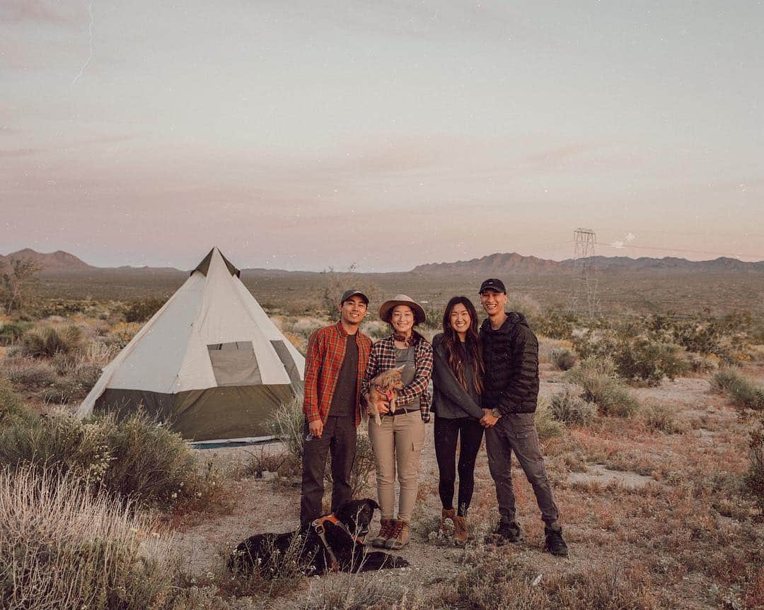 W E Y L I Eのインスタグラム：「The best adventure buddies ❤️ Spent the weekend enjoying the outdoors in Joshua Tree. We had moments where there was absolutely nothing on our agenda and just walked around our campsite observing caterpillars 🐛 Made me feel like a little kid again ☺️But can we talk about how Wah is holding my hand in this photo like we’re an oldass couple 😂」
