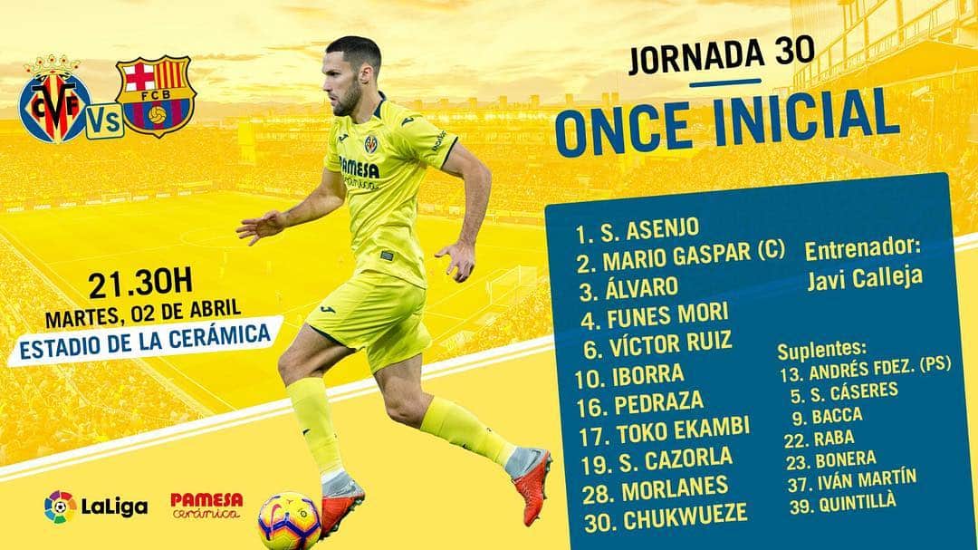 ビジャレアルCFさんのインスタグラム写真 - (ビジャレアルCFInstagram)「¡Aquí están los once groguets 💛 que saltarán al terreno de juego ante el @fcbarcelona! #Endavant 💪! . Here are the 11 Yellows 💛 who will take to the pitch against @fcbarcelona! #Endavant 💪! . #Villarreal #futbol #football #soccer #LaLiga」4月3日 3時27分 - villarrealcf