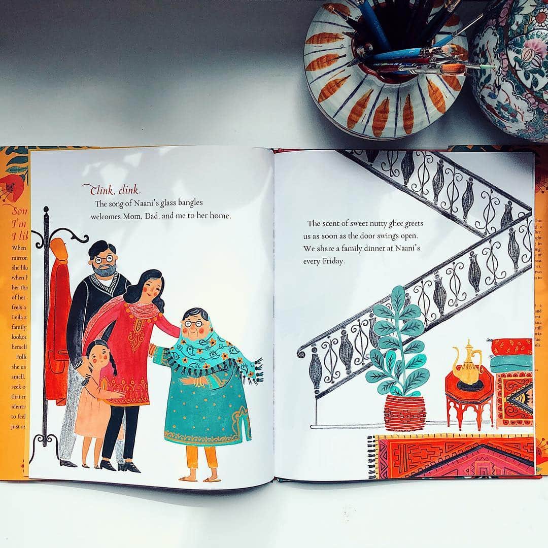 Dinara Mirtalipovaさんのインスタグラム写真 - (Dinara MirtalipovaInstagram)「Just wanted to give you a glimpse preview of some of my favorite spreads from “Leila in Saffron” book. You might know about my long love for textiles and patterns, so when working on this book I really wanted to bring in this obsession of mine into this story. The character Leila reminds me a lot of my daughter Sabrina, they are both about the same age, they both rock this two-braid hairstyle, and they both love playing with grandma’s scarfs. On top of everything, both my daughter and the character Leila live between two cultures - the American society and the traditional culture of where their family came from. So when I first read the script i felt like I knew the character so well.  #leilainsaffron #simonandschuster」4月3日 3時33分 - mirdinara
