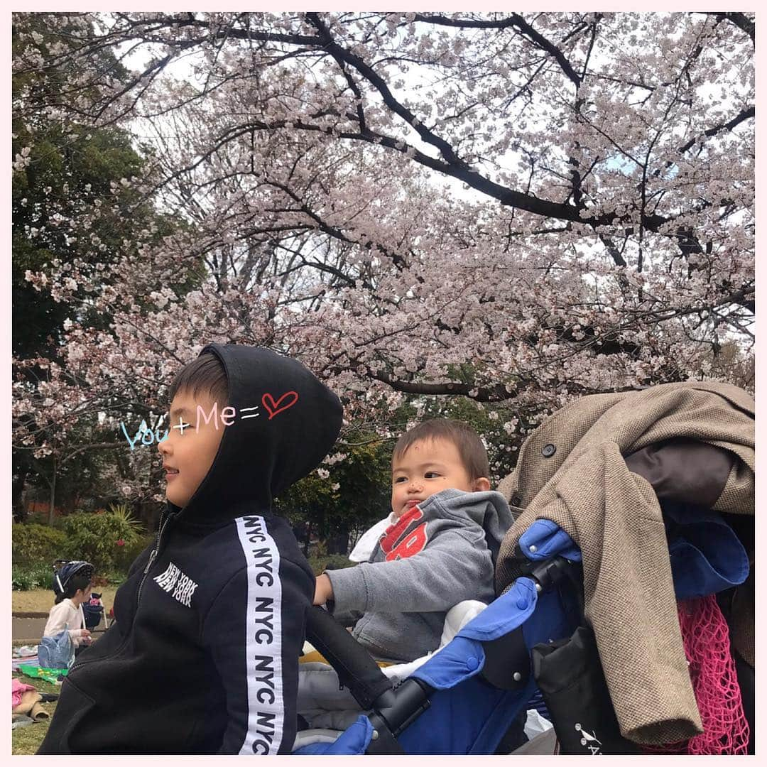 木下あゆ美さんのインスタグラム写真 - (木下あゆ美Instagram)「連日お花見🌸してますが、子連れだと写真を撮る間も無く、バタバタとしてますが、今日は写真好きの友達がいたのでいっぱい撮ってくれた🤗  ありがたや🙏  そういう彼女はすっぴんで全然写ってないんだけどもw  斜面に停めたベビーカーにヤンチャ兄弟が乗りたがり、危ない！って言ってるのも聞かず…案の定転倒😣  次男の鼻の頭に元々あった🤭カサブタが取れて流血😨  後から来たジョージ（渋江君）が絆創膏を買ってきてくれたんだけど、子供用の小さな絆創膏が次男のちっちゃな鼻にピッタリで、なんかのスイッチみたいで思わず爆笑してしまいました。息子泣いてるのにヒドイ母笑  なんでもない事が気心の知れた友達と一緒だと笑える。生活スタイルも状況も環境も全然違う友達。何気ない会話が楽しいし、考えさせられる言葉があったり。たまにしか会えないけど尊い時間でした😌  #お花見 #駒沢公園 #１日で気温のアップダウンが激しい #渋江譲二 #先代のリュウソウブルー #息子は相当嬉しかったよう」4月2日 22時13分 - ayumi_kinoshita13121982