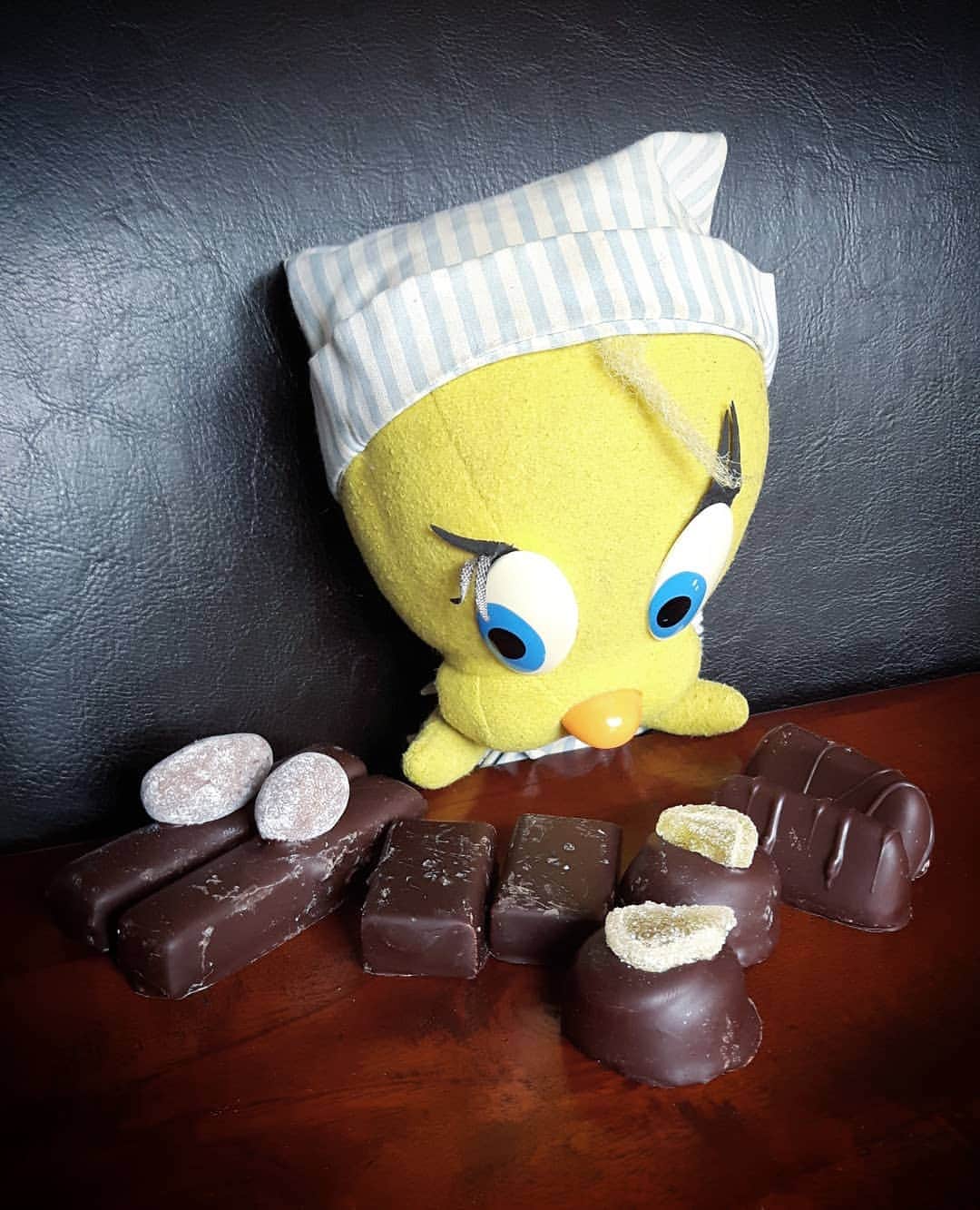 Little Yellow Birdさんのインスタグラム写真 - (Little Yellow BirdInstagram)「Chocolates!! And not just any old chocolates, but from de Gooise Matras (Hilversum). Utterly delicious!! The second from the left my absolute favourite: extra dark, toffee sea salt! #honeygroveteapartytuesday #littleyellowbird #tweety #tweetykweelapis #adventures #yellow #bird #tuesday #chocolate #chocolade #chocolates #bonbons #gooisematras #sweet #sweettreat #marzipan #seasalt #limoncello #whiskyganache #hilversum #stuffedanimalsofinstagram #plushiesofinstagram」4月2日 22時27分 - tweetykweelapis