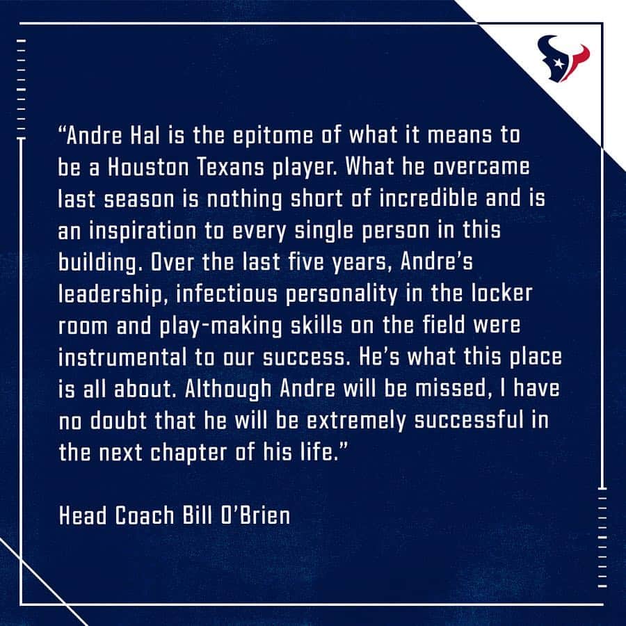 ヒューストン・テキサンズさんのインスタグラム写真 - (ヒューストン・テキサンズInstagram)「S Andre Hal is retiring from the NFL. Statements from Hal and head coach Bill O’Brien.」4月3日 4時52分 - houstontexans