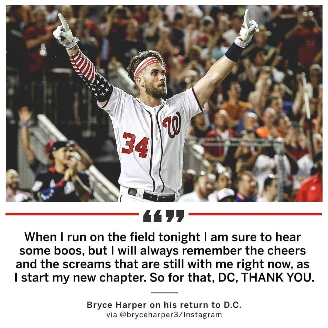 スポーツセンターさんのインスタグラム写真 - (スポーツセンターInstagram)「Before making his return to D.C. on Tuesday night, @bryceharper3 went to Instagram to share his thoughts.」4月3日 0時36分 - sportscenter