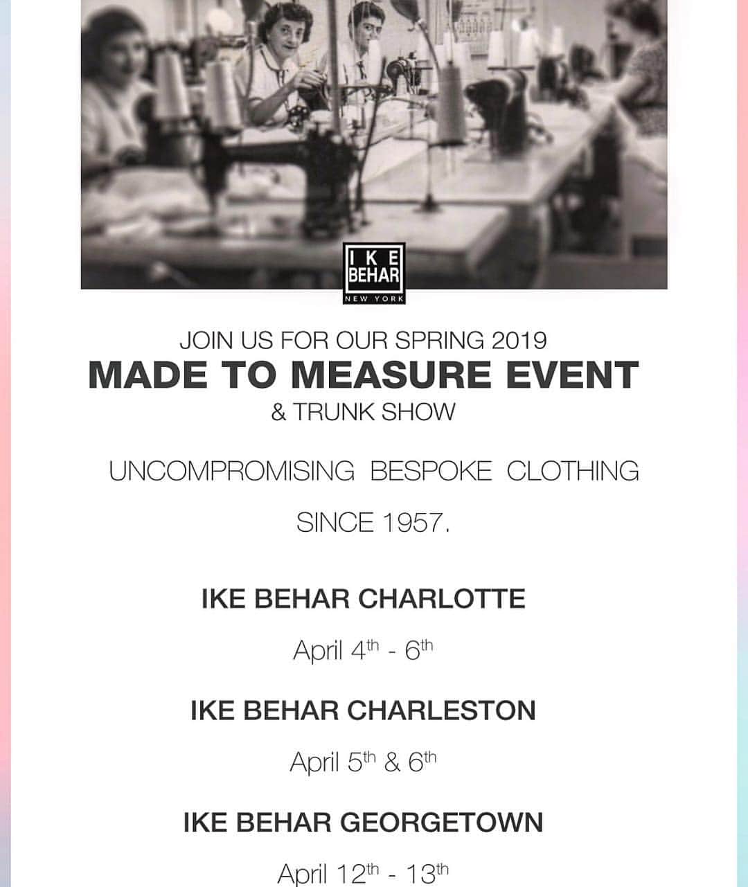 のインスタグラム：「AMAZING #IkeBehar events coming to a city near you! 👏🏻👏🏻👏🏻 . . #Charlotte #Charleston #Georgetown #Menswear #events #charlotteevents #charlestonevents #georgetownevents #MadeToMeasure #MadeToMeasureEvent」
