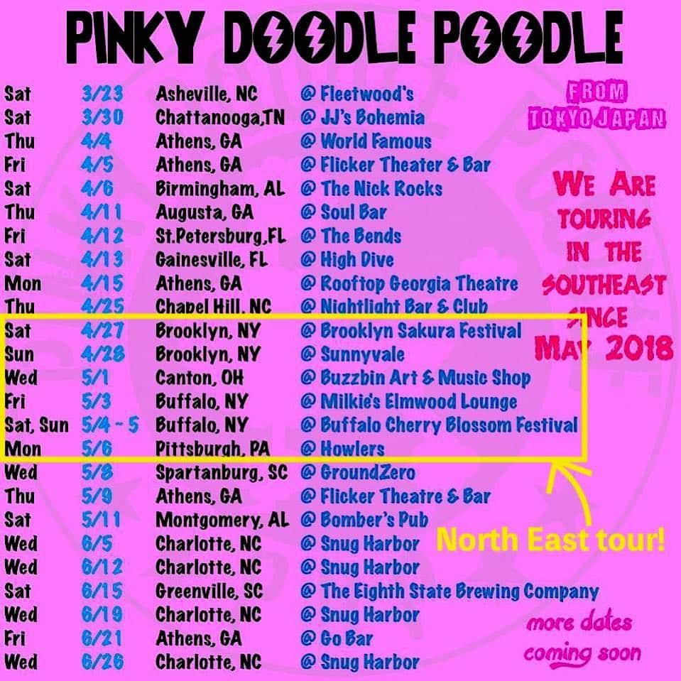 のインスタグラム：「We’re going to New York, Ohio and Pennsylvania!!! We had been touring in South East since May 2018. Finally we’re going to North East from late April to early May!! . . #pinkydoodlepoodle  #pdp  #ustour2019  #highenergyrocknroll  #livemusic #rockmusic #rock #rockband  #japanese  #ustour #livetour  #tourlife #musicianlife #musician #gibsonguitars #gibsonbass #gibson #eb3 #lespaul #marshallamps #vintage #femalebassist #femalevocalist #アメリカ #海外旅行 #音楽」