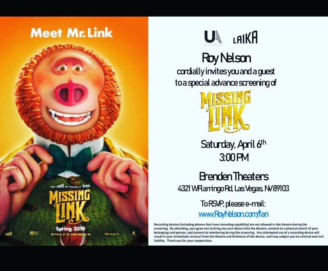ロイ・ネルソンさんのインスタグラム写真 - (ロイ・ネルソンInstagram)「This weekend come meet Jaxson and our family and friends for this private screening of @missinglinkfilm This is an exclusive for @roynelsonmma fans  #bellyrubapprove  @ricosproducts  @monsterenergy」4月3日 8時32分 - roynelsonmma