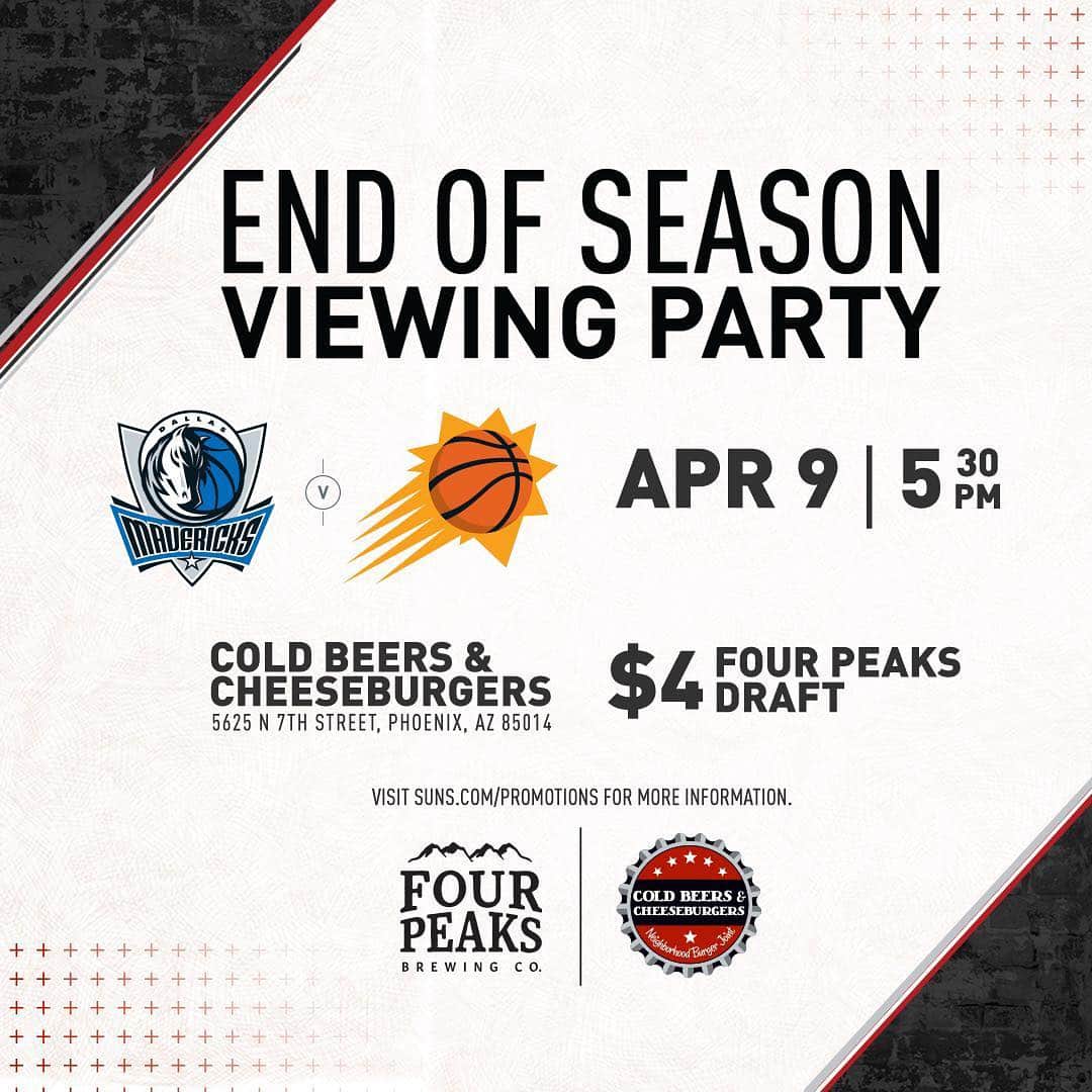 フェニックス・サンズさんのインスタグラム写真 - (フェニックス・サンズInstagram)「Join us as we end the 2018-19 season with the official #SunsAtMavs viewing party! . Hang out with Suns Entertainment, enjoy @fourpeaksbrew drink specials, win prizes and more! . 📍@coldbeersandcheeseburgersaz (5625 N 7th St) 🕠Tip-off at 5:30PM 📅4.9」4月3日 9時03分 - suns