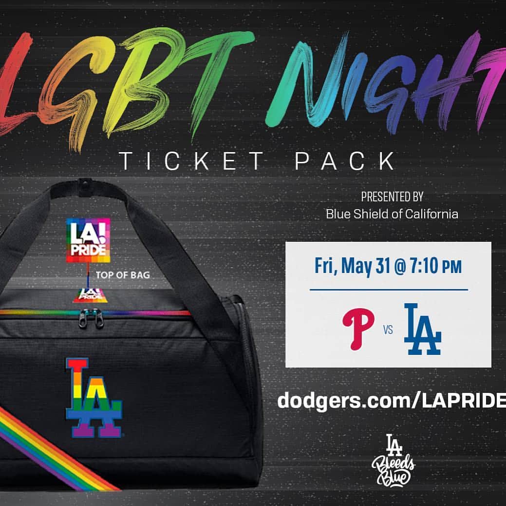 Los Angeles Dodgersさんのインスタグラム写真 - (Los Angeles DodgersInstagram)「Come out to Dodger Stadium on 5/31 to celebrate LGBT Night! The third consecutive official LA Pride kickoff party will be held at 5:30 p.m. in the Right Field Plaza Bar! Purchase a special ticket pack and get this exclusive LGBT Night duffle bag. 🎟: Dodgers.com/LAPride」4月3日 9時35分 - dodgers