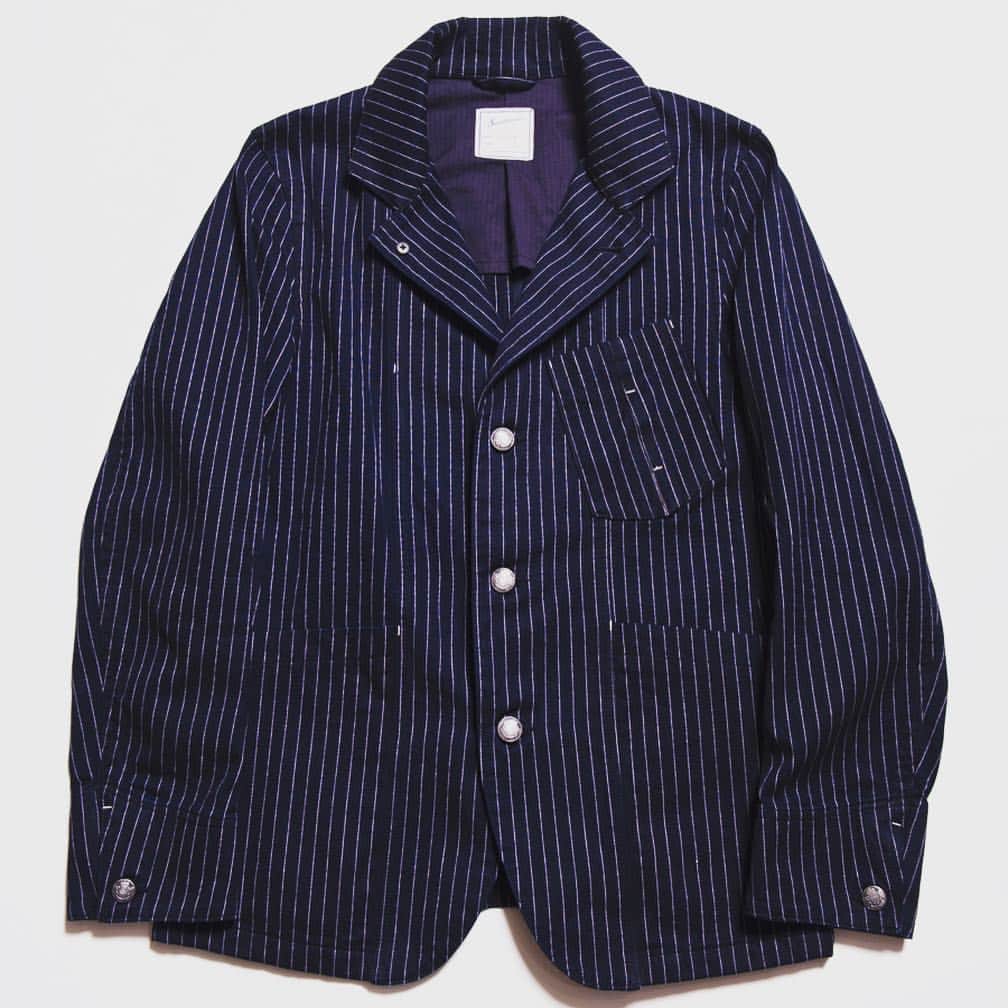 のインスタグラム：「Soundman '19 S/S Collection ITEM. "Dudley" 031M-901N  #Soundman #2019ss  #madeinjapan  #mensfashion  #workjacket #cottonjacket  #pinstripe  #hbt  #heritagestyle  #beerjacket」
