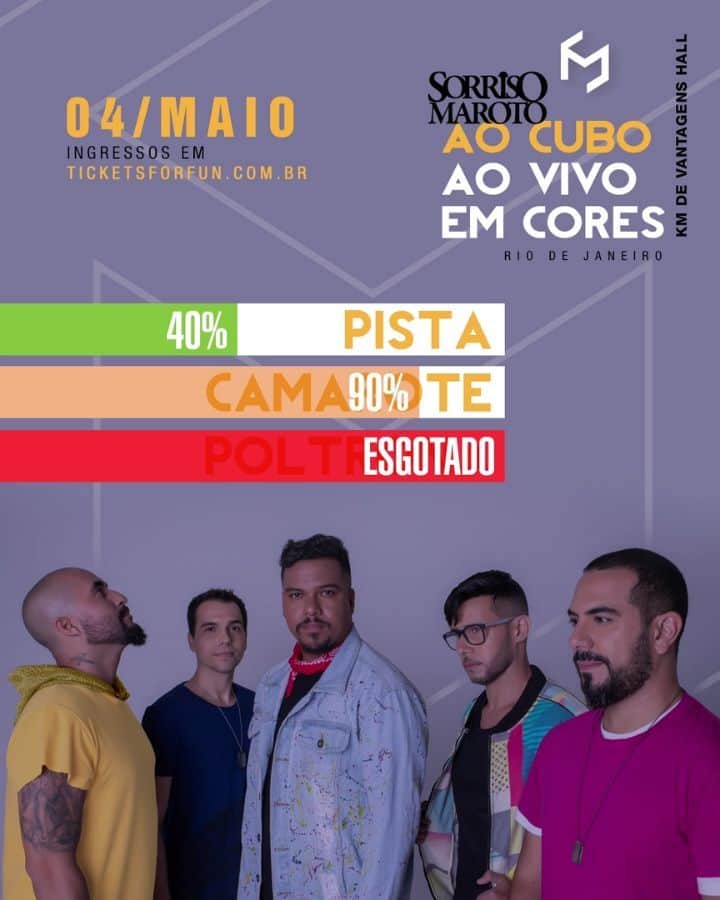 のインスタグラム：「Que pressão, Rioo!  Faltando pouco mais de 1 mês pro show de lançamento da turnê #SorrisoMarotoAoCuboAoVivoEmCores no Km de Vantagens Hall e os ingressos estão como? Voando! 😀 Setor Poltronas ESGOTADO, Camarotes com 90%  e pista 40% vendidos. Vai esperar esgotar tudo? Corre pra garantir o seu, hein! 😉 🎫 👉 http://bit.ly/sm3kmrj」
