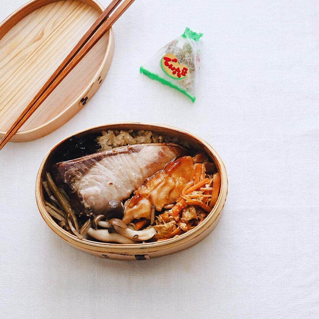 樋口正樹さんのインスタグラム写真 - (樋口正樹Instagram)「Bento lunch . 家弁当で昼ごはん。 春っぽくないけど、 昨晩の残りばかり、 ごはんは筍おこわ、 ブリ酒粕漬け焼き、 鶏ももの照り焼き、 にんじんしりしり、 しめしのピクルス、 きんぴら、こんぶ、 おまけのでん六豆。 . . #お弁当 #でん六豆 #家弁 #地味弁 #わっぱ弁当 #まっ茶色弁当 #bento」4月3日 12時04分 - higuccini