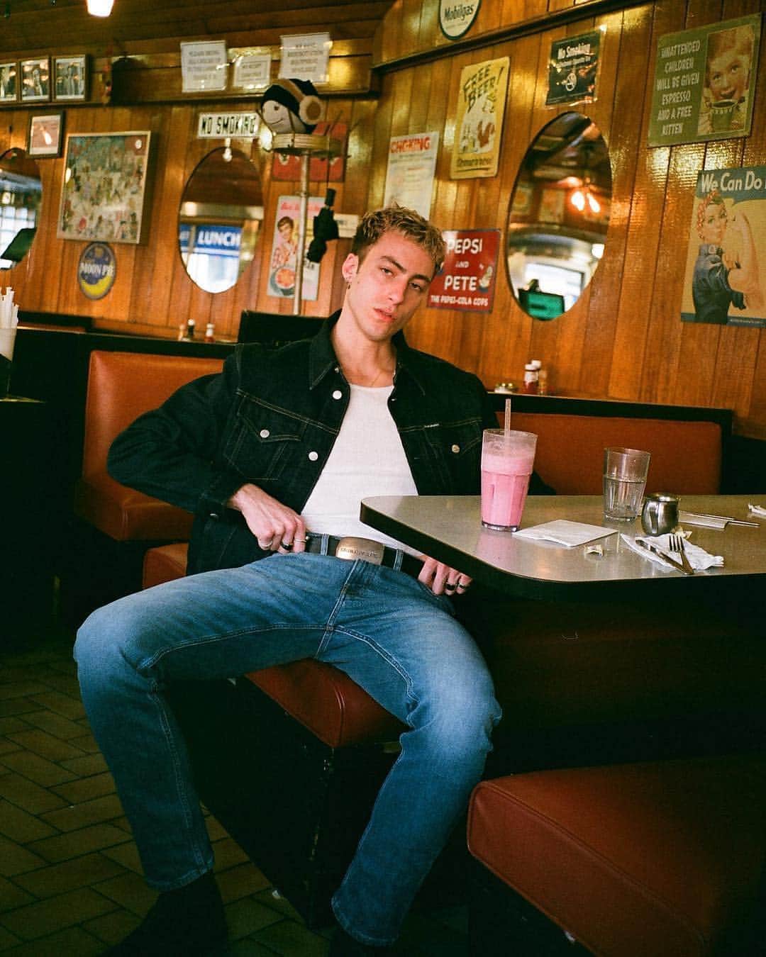 のインスタグラム：「Fueling up for #CKCOACHELLA with @alexanderdroth — wearing our embroidered trucker jacket and jeans from #CALVINKLEINJEANS. ⠀⠀⠀⠀⠀⠀⠀⠀⠀⠀⠀⠀⠀⠀⠀⠀⠀⠀⠀⠀⠀⠀⠀⠀⠀ Tap to shop or link in bio to see all our #Coachella inspired looks.」