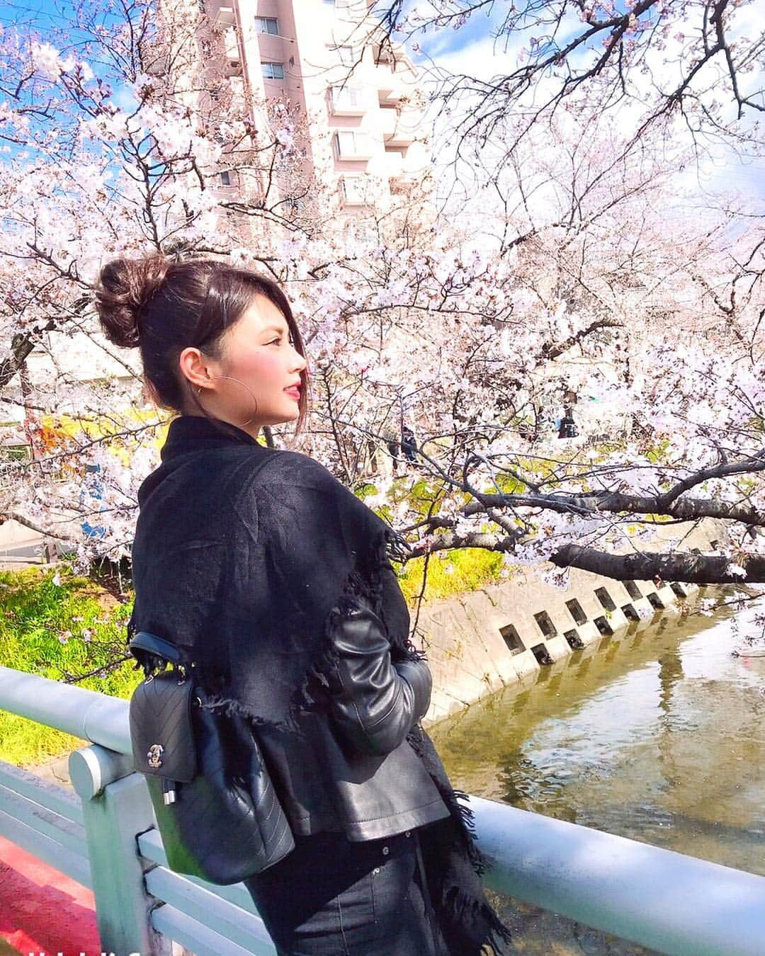 堀えりかさんのインスタグラム写真 - (堀えりかInstagram)「#桜祭り #お花見 #桜 #春 #お花見コーデ #コーデ #春コーデ #ライダースジャケット #code #fashion #spring #sakura」4月3日 12時27分 - xerikax143