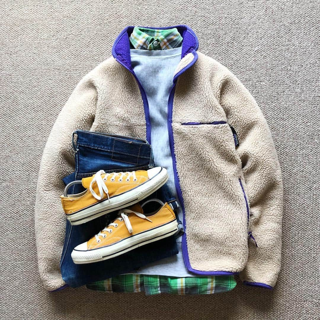 the.daily.obsessionsのインスタグラム：「Today's Outfit. ↓ ＊90's Old #Patagonia Baby Retro Cardigan ＊70's Vintage #Champion Solid Tag Reverse Weave Sweat Shirt ＊50's Vintage #WTGrant Plaid Flannel Shirt with Gusset ＊60's Vintage #Levis #501 #BigE Type-Model ＊80's Vintage #Converse All Star Lo Made in USA」