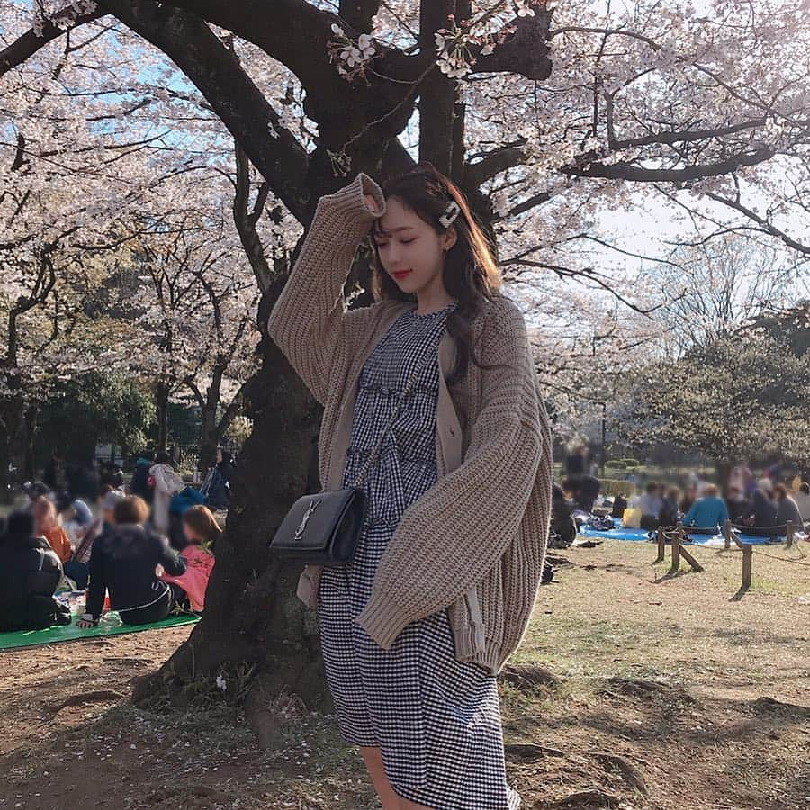 Rinaさんのインスタグラム写真 - (RinaInstagram)「今日は代々木公園でお花見。久々にガーリーな服着て、サンドウィッチ買って、レジャーシート敷いてピクニック！ . 今日の #Rinaすたいる は全部HOTPING。パールピン、ギンガムチェックワンピ、カーディガンも全部（笑）」4月3日 21時49分 - 94_someday