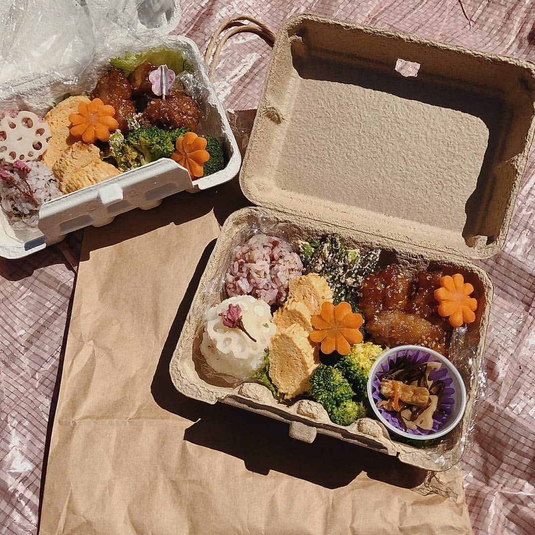のインスタグラム：「⠀ きのうの夜から仕込んだお花見弁当🌸⠀ ⠀ 桜の塩漬け見つけてどうしても使いたくて☺︎⠀ ⠀ だし巻き玉子とアスパラ明太とブロッコリーのバター焼きと甘辛ごまから揚げ作りました〜⠀ ⠀ から揚げは前日に鶏もも肉にすりおろした玉ねぎ、塩麹、メープルシュガー、ちょっと料理酒をジップロックに入れて寝かして米油でからっと揚げて、甘酢餡のタレでからめたよ✌︎⠀ ⠀ 卵焼きは３回くらいザルで濾して、白ダシで味付けるのが定番です✌︎⠀ ⠀ にんじんと蓮根も型抜きと包丁で切ったらなんかお花見っぽくなったような？⠀ ⠀ #お花見弁当 #みらいきっちん」