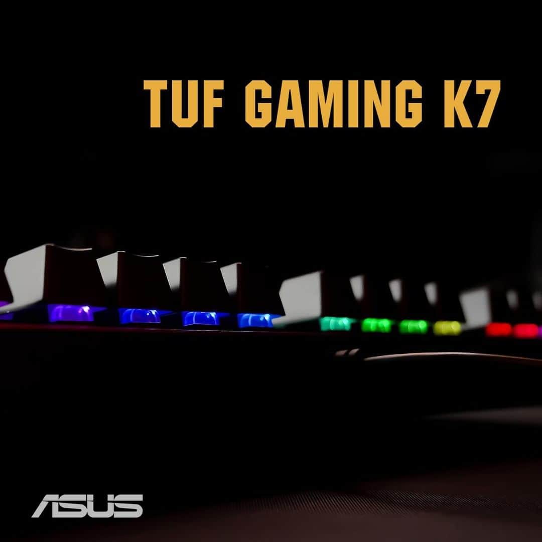 ASUSさんのインスタグラム写真 - (ASUSInstagram)「What could be quicker than the blink of an eye? Unique designed K7 Optical-mech Keyboard is slashing total actuation time to just 0.2ms!  #TUFGaming #IP56 #RGB」4月3日 21時00分 - asus