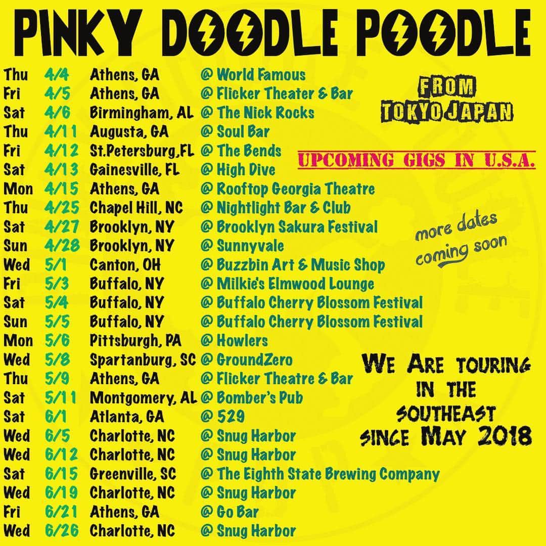 のインスタグラム：「PDP has 3 gigs in this week!! Thu 4/4  @ World Famous in Athens, GA Fri 4/5 @ Flicker in Athens, GA Sat 4/6 @ The Nick Rocks in Birmingham, AL  Come on! Come on!! Come on!! . . #pinkydoodlepoodle  #pdp  #ustour2019  #highenergyrocknroll  #livemusic #rockmusic #rock #rockband  #japanese  #ustour #livetour  #tourlife #musicianlife #musician #gibsonguitars #gibsonbass #gibson #eb3 #lespaul #marshallamps #vintage #femalebassist #femalevocalist #アメリカ #海外旅行 #音楽」