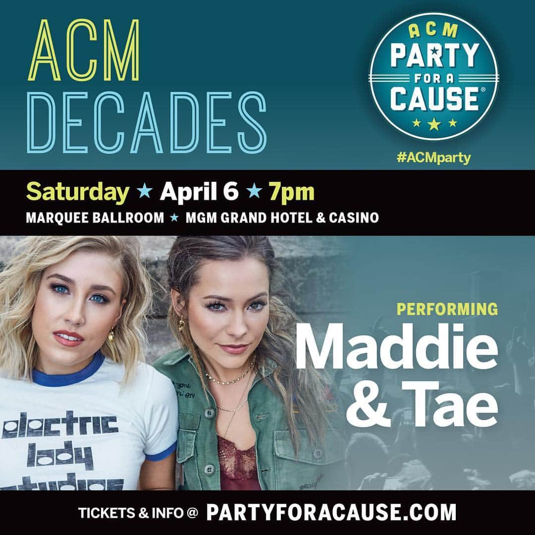 Maddie & Taeさんのインスタグラム写真 - (Maddie & TaeInstagram)「It's almost #ACMparty For A Cause time! Join us in celebrating the hits of today and yesterday at ACM Decades on Saturday, April 6 in Las Vegas with @laurenalaina, @eastoncorbin, @therealtracylawrence, @michaelraymusic and more! Grab your tickets at partyforacause.com」4月4日 2時16分 - maddieandtae