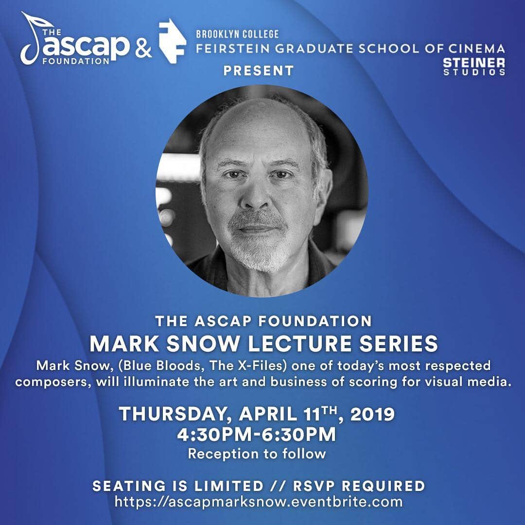 ASCAPさんのインスタグラム写真 - (ASCAPInstagram)「Brooklyn! Come network & learn from Composer #MarkSnow (credits: #TheXFiles, #BlueBloods) at a free event the @ascapfoundation is hosting at #BrooklynCollege on 4/11 from 4:30-6:30PM. Seating is limited - RSVP at ascapmarksnow.eventbrite.com (swipe left for details)」4月4日 4時23分 - ascap
