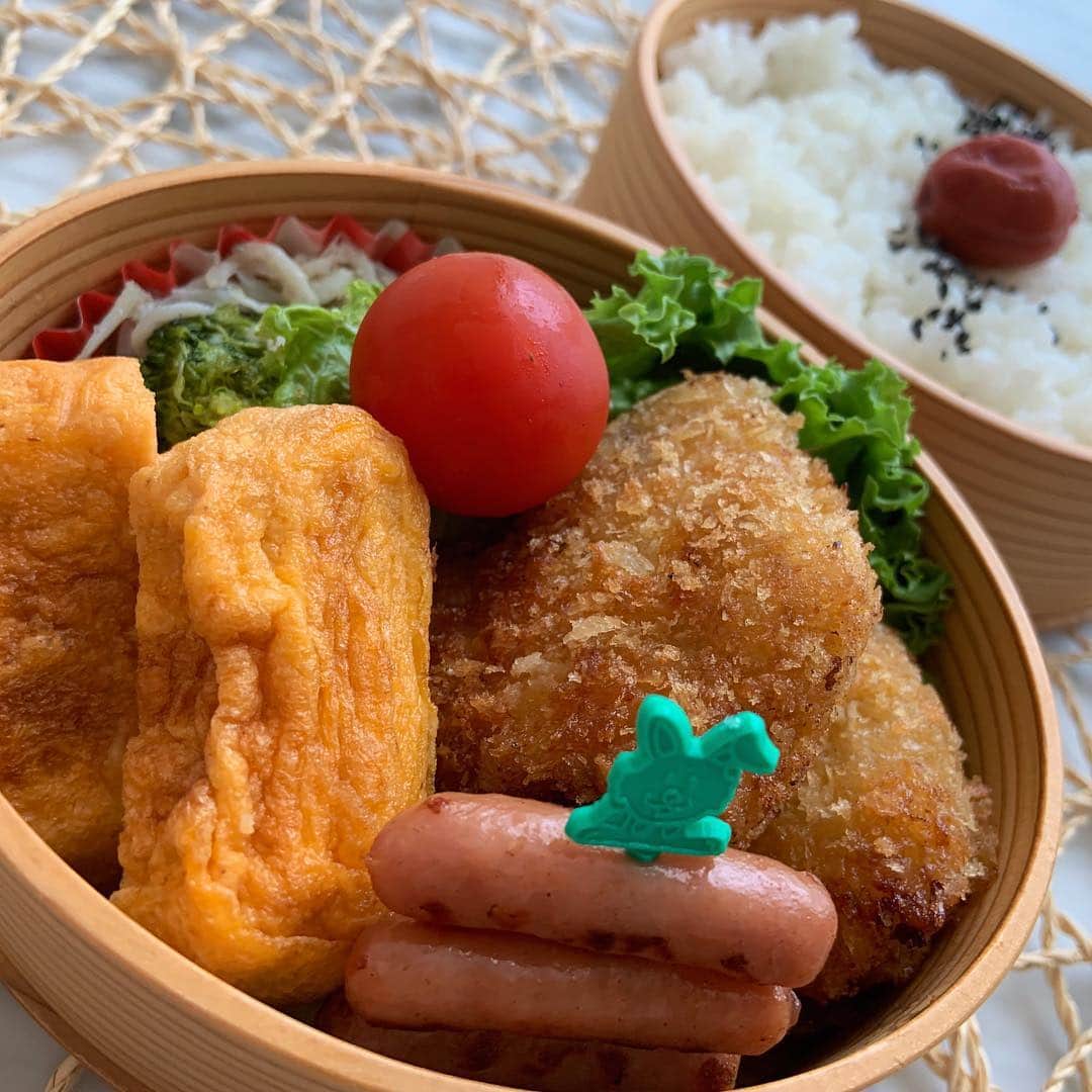 本田しおりのインスタグラム：「#今日のお弁当  #とんかつ弁当 #とんかつ#牛乳と粉チーズ入り出し巻き卵#ブロッコリー🥦としらすのペペロンチーノ#ポークピッツ  #お弁当 #本田弁当 #旦那さん弁当 #神ちゃん弁当 #神弁（ガミ弁） ↑ しつこい」