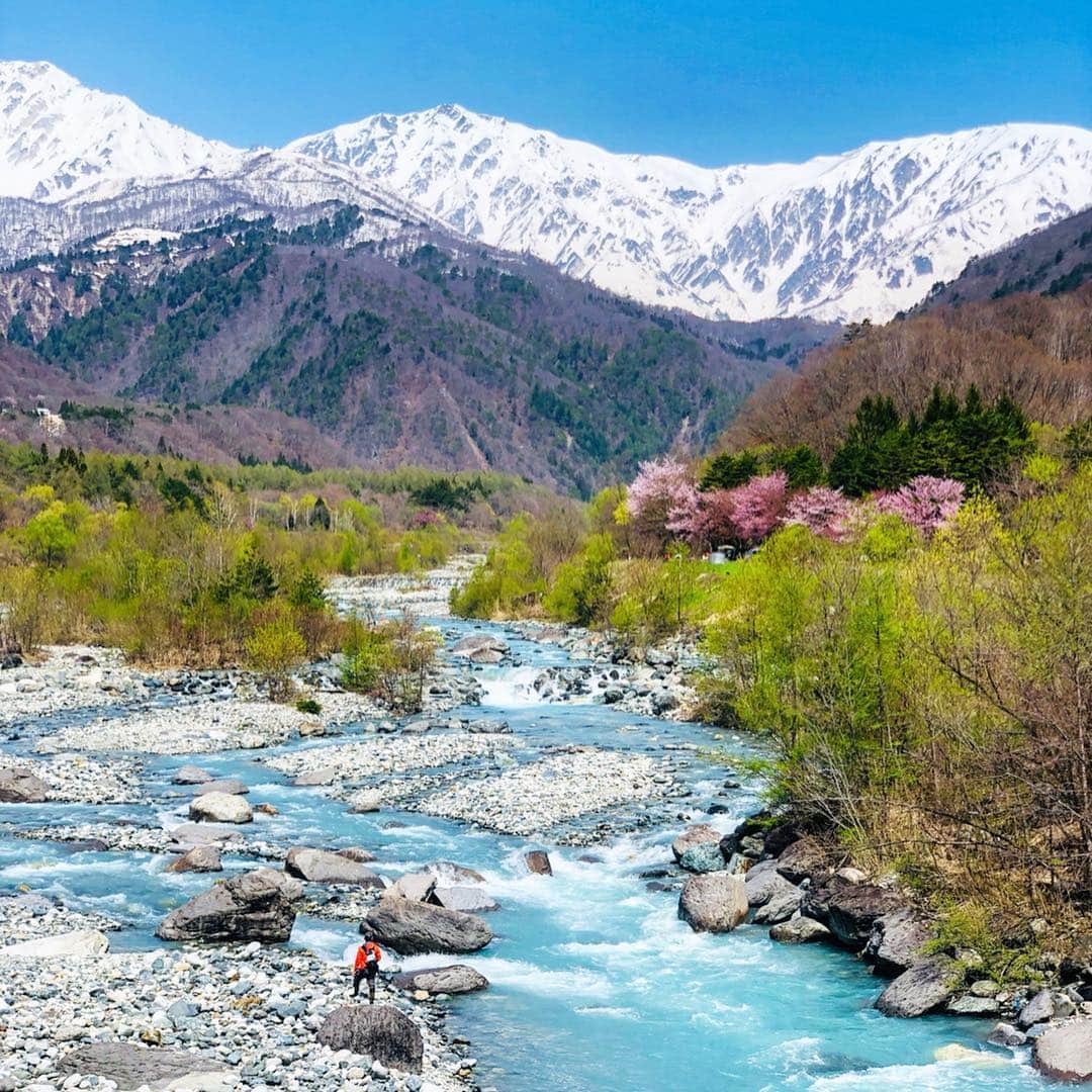 のインスタグラム：「空も山も川も桜も美しい🌸🌱🌏 のどかで平和な時間が流れてます。 . 一軒家を借りて、暮らすように旅をしてます。 ファミリーのような仲間達とずーっと笑ってて、 美味しいご飯をワイワイ作って食べたり、 今年初の🎇花火したり、夜中まで🎬映画鑑賞したり。  わたくし特製の広島焼きお好み焼き好評で嬉しかったわょ😎 . 久しぶりのスノボも楽しかったーーー❗️🏂 転ばず滑れて爽快でした✨ . めちゃくちゃ楽しいっ❗️❤️ 写真を振り返るだけで面白過ぎる🤣 旅の醍醐味を満喫中⭐️ . これから信州のお蕎麦を食べに⭐️ #Nagano #Hakuba #travel #family #happy ##旅 #長野 #白馬 #スノボー #スキー #snowboarding #ski #snow #みんな大好き😘」