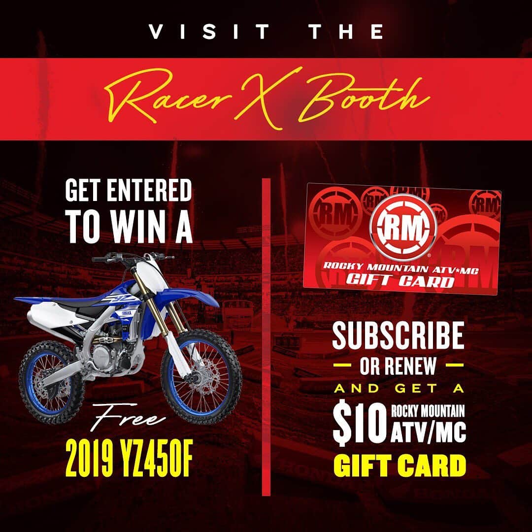 Racer X Onlineさんのインスタグラム写真 - (Racer X OnlineInstagram)「Coming to Vegas? Visit our booth to subscribe or renew and get a free @rmatvmc gift card! You can also register—for FREE—to win a 2019 @yamahamotorusa YZ450F.」5月3日 3時55分 - racerxonline