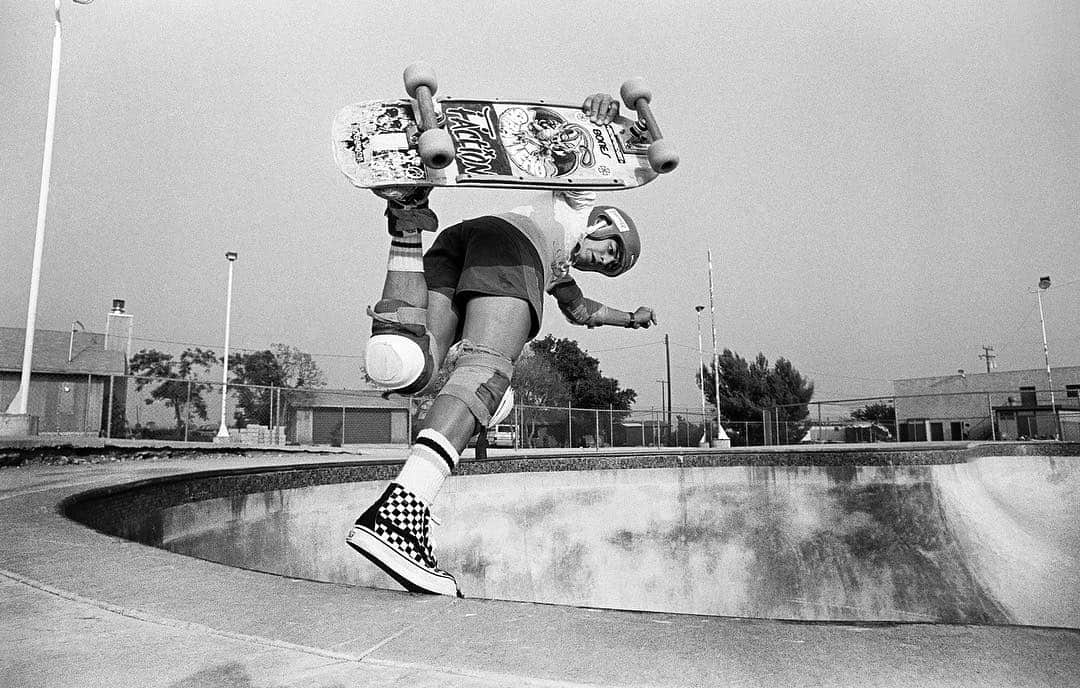 Vans Skateさんのインスタグラム写真 - (Vans SkateInstagram)「Throwing it back to a 19 year old @SteveCaballero blasting a backside boneless at the Upland Combi in ’83. Catch Cab in action this Saturday via the @Vans Pool Party live feed on vans.com/poolparty starting at 4PM PST, and for a fresh pair of Half Cab Pro or Sk8-Hi Pros, hit your favorite local skate shop. #TBT 📷: @JGrantBrittain.」5月3日 7時42分 - vansskate