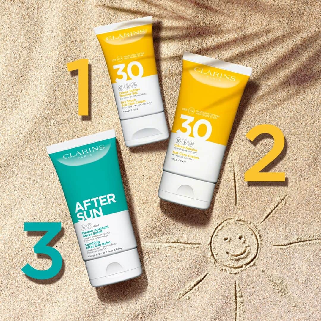 Clarins Españaさんのインスタグラム写真 - (Clarins EspañaInstagram)「¡Disfruta del sol mientras cuidas tu piel en solo 3 pasos! 🌞 Crema solar Tacto Seco rostro UVA/UVB 30: acabado mate y alta protección. 🌞 Crema Solar Corporal UVA/UVB 30: Penetra rápidamente sin dejar marcas blancas y se extiende fácilmente para  una protección uniforme. 🌞 Bálsamo Reconfortante para Después del Sol: calma y refresca tu rostro y cuerpo después de un día bajo el sol.  Descubre los nuevos tratamientos solares alta protección. Protege tu piel y el medioambiente de forma natural.  #Clarins #SolaresClarins」4月29日 23時01分 - clarinsespana