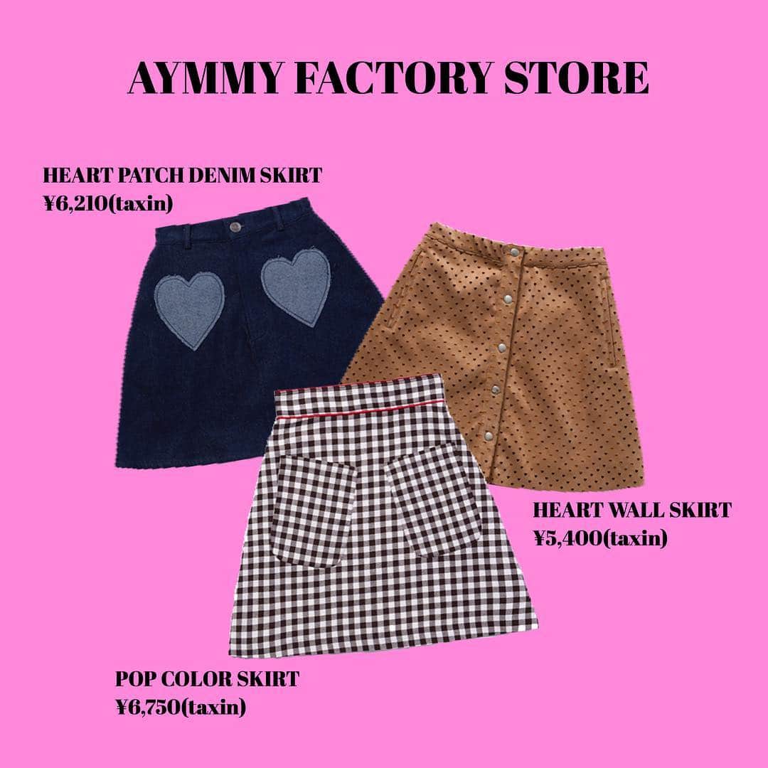 Aymmy in the batty girlsのインスタグラム：「【AYMMY FACTORY STORE】﻿ ﻿ 5/5(日).5/6(月)に原宿で開催される﻿ AYMMY FACTORY STOREにて販売する﻿ アーカイブアイテムを1部ご紹介❣️﻿ ﻿ 会場:アソビシステム株式会社 オフィス﻿﻿ 〒150-0001 東京都渋谷区神宮前3-29-6﻿﻿ （Deus Ex Machinaの隣です。）﻿﻿ ﻿ また、ご質問等は﻿ store@aymmy.com﻿ までお問い合わせくださいませ✉️﻿ ﻿ #aymmy #aymmyinthebattygirls #ボトムス #スカート #デニムスカート #チェックスカート」