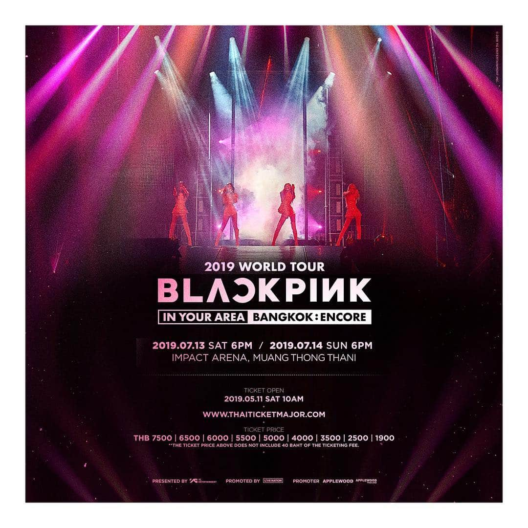 BLACKPINKさんのインスタグラム写真 - (BLACKPINKInstagram)「BLACKPINK is coming back to Bangkok, get ready Thailand Blinks! ⠀⠀⠀ ✔️BLACKPINK 2019 WORLD TOUR [IN YOUR AREA] BANGKOK : ENCORE ✔️July 13-14, 2019 ✔️Impact Arena ✔️http://ygfamily.com/event/BLACKPINK/INYOURAREATOUR ⠀⠀⠀ #BLACKPINK #블랙핑크 #BLACKPINK2019WORLDTOUR #INYOURAREA #BLACKPINKinBANGKOK #INYOURAREA_BANGKOK_ENCORE #APPLEWOOD #APPLEWOODTH #LIVENATION #YG」4月29日 18時00分 - blackpinkofficial