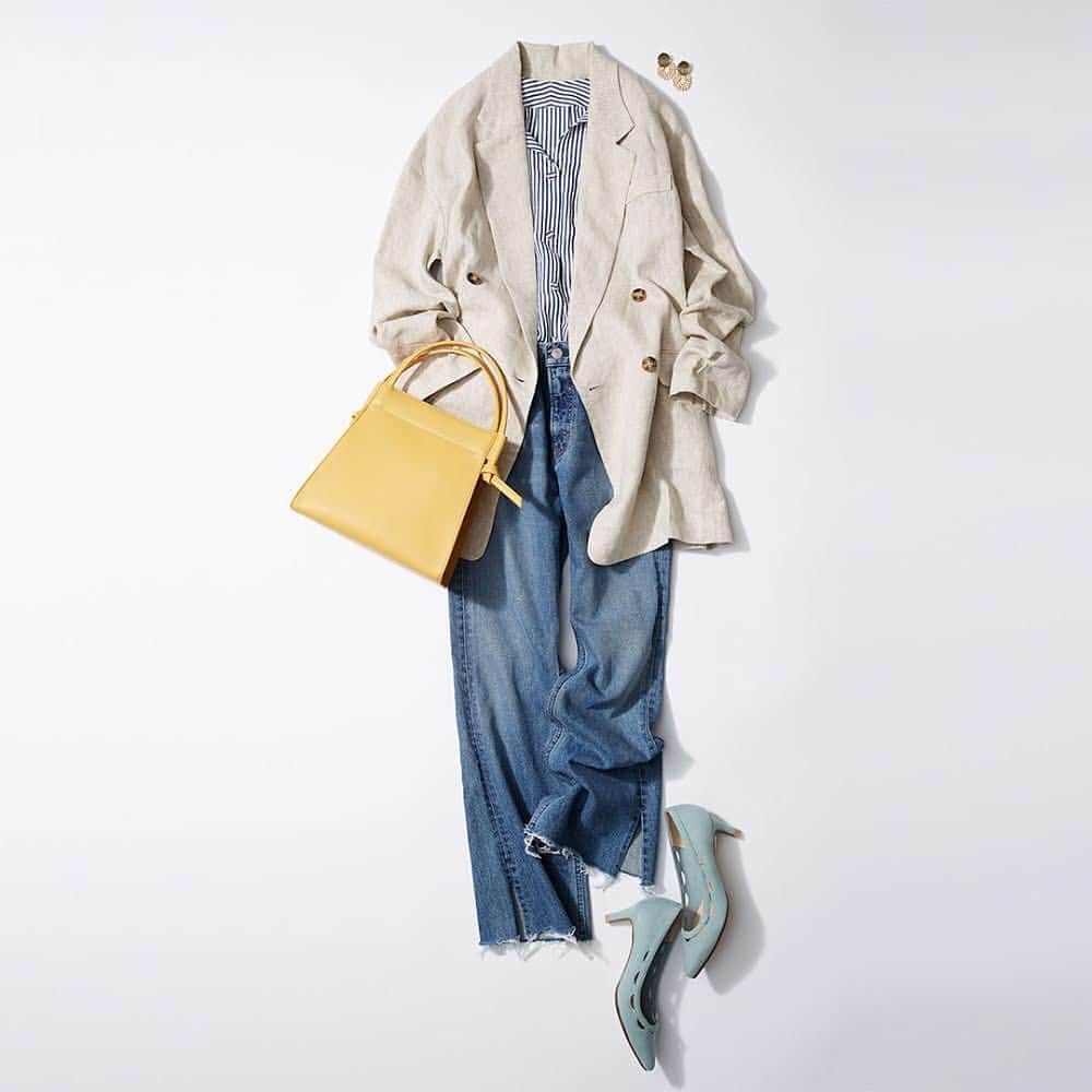 ルミネ公式のインスタグラム：「リラックス服とエレガント靴のお仕事スタイル #ジャケット ¥12,000+TAX #mercuryduo #ブラウス ¥3,990+TAX #agbyaquagirl #デニム ¥16,000+TAX #Ungrid #ピアス ¥1,800+TAX #lemagasin #バッグ ¥5,900+TAX #kbf #パンプス ¥8,800+TAX #letalon ・ #lumine #ルミネ #ルミネエスト新宿 http://magazine.lumine.ne.jp/?p=81566 ※商品の価格や取り扱い状況は撮影時点のもので、変更になることがあります。」
