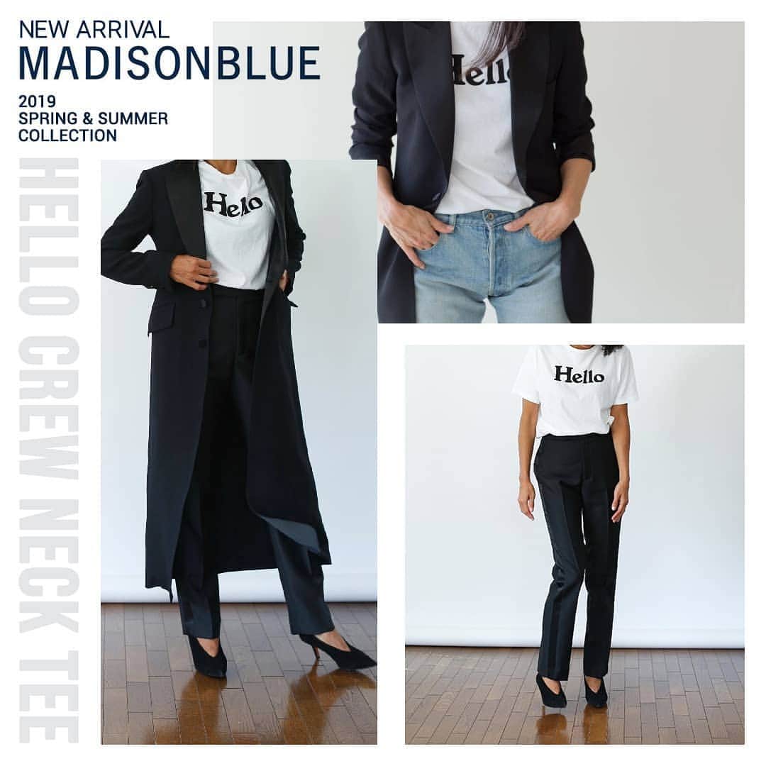 のインスタグラム：「. ＼MADISONBLUE｜HELLO CREW NECK TEE／ . 《 5月下旬～6月下旬入荷予定 -予約受付中- 》 . 『Hello』のロゴがポイントのTシャツ。 ヴィンテージライクな風合いのコットン天竺を使用し、さらりとした肌触りが心地よい１枚。 ラフに着こなせる、シンプルな一枚。 . ■ITEM／MADISONBLUE Name：【予約】HELLO CREW NECK TEE Price：27,000円 （税込） Color：ホワイト Size： 00(XS)＆01(S) . . 【 ARKnets Search／取り扱い店舗 】 FOLLOW US!! ／ @ann_de_ark . ■商品や通信販売に関しまして、 ご不明な点がございましたらお気軽にお問い合わせください。 . ----------------------------------- 【お問い合わせ】 ARKnetsコールセンター TEL：028-634-1212 ( 営業時間 12:00～19:00 ) ※店舗へ繋がりにくい場合には、こちらまでお問合せ下さい。 ------------------------------------- #arknets #anndeark #栃木 #宇都宮 #styling #スタイリング #スタイル #fashion #ファッション #レディースファッション #レディースアウター #春コーデ #madisonblue #マディソンブルー」