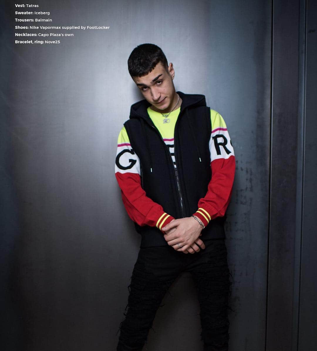 のインスタグラム：「One of the Italian rap biggest names: @capoplaza as seen in @theeyesfashion magazine wearing #Tatras SS19 jersey vest “Cesenatico”. Find it on tatras.it #TatrasPeople #TatrasOfficial #capoplaza  ______ #rap #trap #music #fashion #tatras #instafashion #fashionigers #fashiongram #downjacket #vest #totallook」