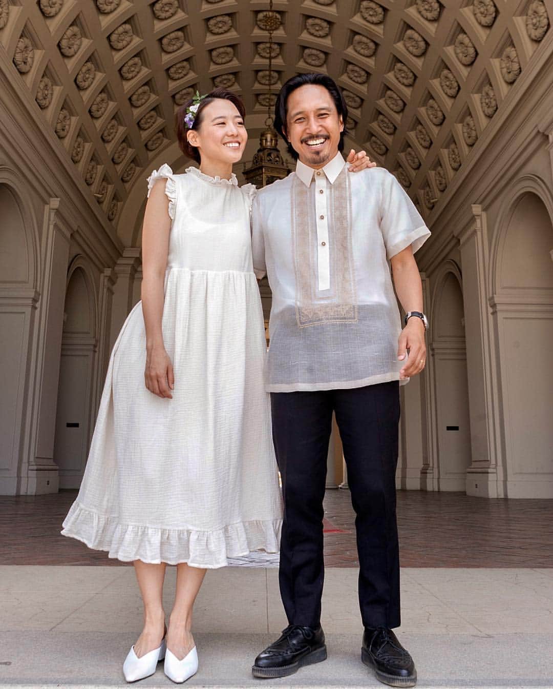 ショーン・エバリストのインスタグラム：「Day 12 of marriage. Hasn’t really sunken in yet, saying wife out loud in public places is awesome, I actually say it randomly to her just because it’s fun but I’m still not used to it yet. We also argued over an oven toaster last night, first fight as a married couple? 🤷🏻‍♂️💪🏽💛 Let’s hope the wedding planning goes smoother haha 🇯🇵x🇵🇭 #HasegawaEvaristo #AYEdo #forEVARISTO 👈🏽😂 . . . . . Big love to @sean_carbs @beanfdc for coming through very last minute for some quick snaps and video🙇🏻‍♂️ also Major thank you to @poxlyfe & @jennpablo for saving us as usual, this time in signing as a witness and designing/directing our small marriage ceremony on spot😂🤦🏻‍♂️ Lastly, thank you @cj_evaristo for bringing us together officially, the rest of it you already know.」