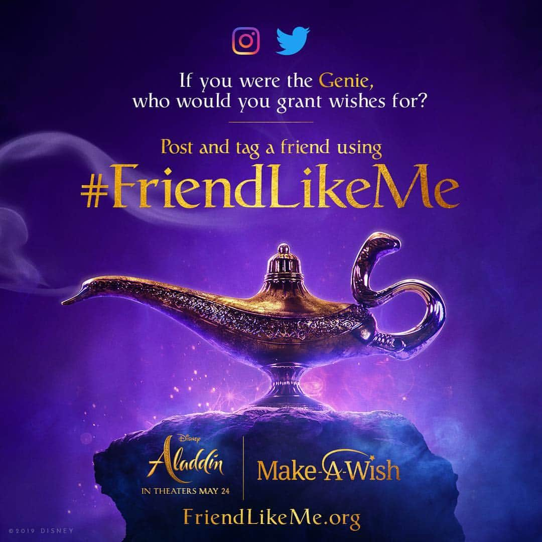 Walt Disney Studiosさんのインスタグラム写真 - (Walt Disney StudiosInstagram)「If you were the Genie in Disney’s Aladdin & could grant 3 wishes for a friend, who would you share them with?  Tag them with #FriendLikeMe on Twitter & Instagram. For every public post from 4/29–5/24/19, Disney will donate $5 up to $1M to @MakeAWishAmerica! FriendLikeMe.org」4月30日 3時58分 - disneystudios