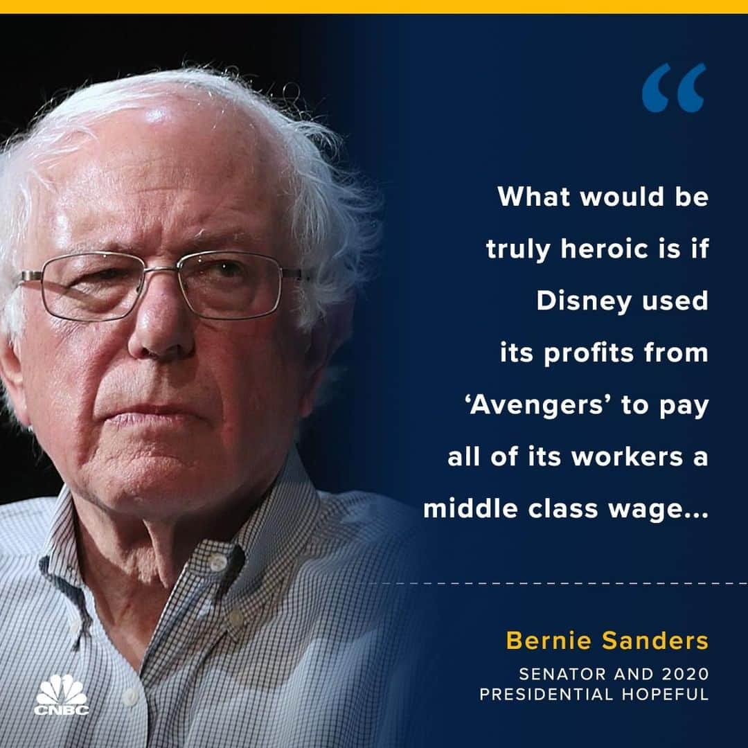 CNBCさんのインスタグラム写真 - (CNBCInstagram)「Key points:⁣ ⁣ ▪️Sen. Bernie Sanders took to Twitter on Monday to criticize Disney CEO Bob Iger’s salary.⁣ ⁣ ▪️“What would be truly heroic is if Disney used its profits from ‘Avengers’ to pay all of its workers a middle class wage, instead of paying its CEO Bob Iger $65.6 million — over 1,400 times as much as the average worker at Disney makes,” Sanders wrote in a tweet Monday.⁣ ⁣ ▪️Iger was awarded $65.6 million last year for his performance with the company.⁣ ⁣ You can read more, at the link in bio.⁣ ⁣ *⁣ *⁣ *⁣ *⁣ *⁣ *⁣ *⁣ *⁣ ⁣ #BernieSanders #BobIger #Disney #Avengers #Endgame #AvengerEndgame #Movies #Movie #BoxOffice #money #Wealth #BusinessNews #Politicians #Wages #Profits #Payment #CEO #Senator」5月1日 4時01分 - cnbc
