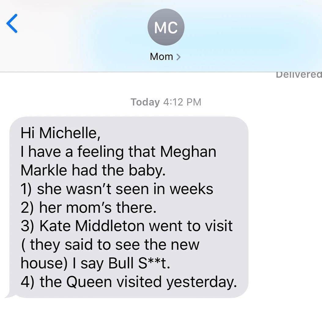 ミッチェル・コリンズさんのインスタグラム写真 - (ミッチェル・コリンズInstagram)「My mom thinks #MeghanMarkle had the #RoyalBaby already. I just want her to be the one to break the story, mainly bc this text format probably took her hours.」5月1日 5時20分 - michcoll