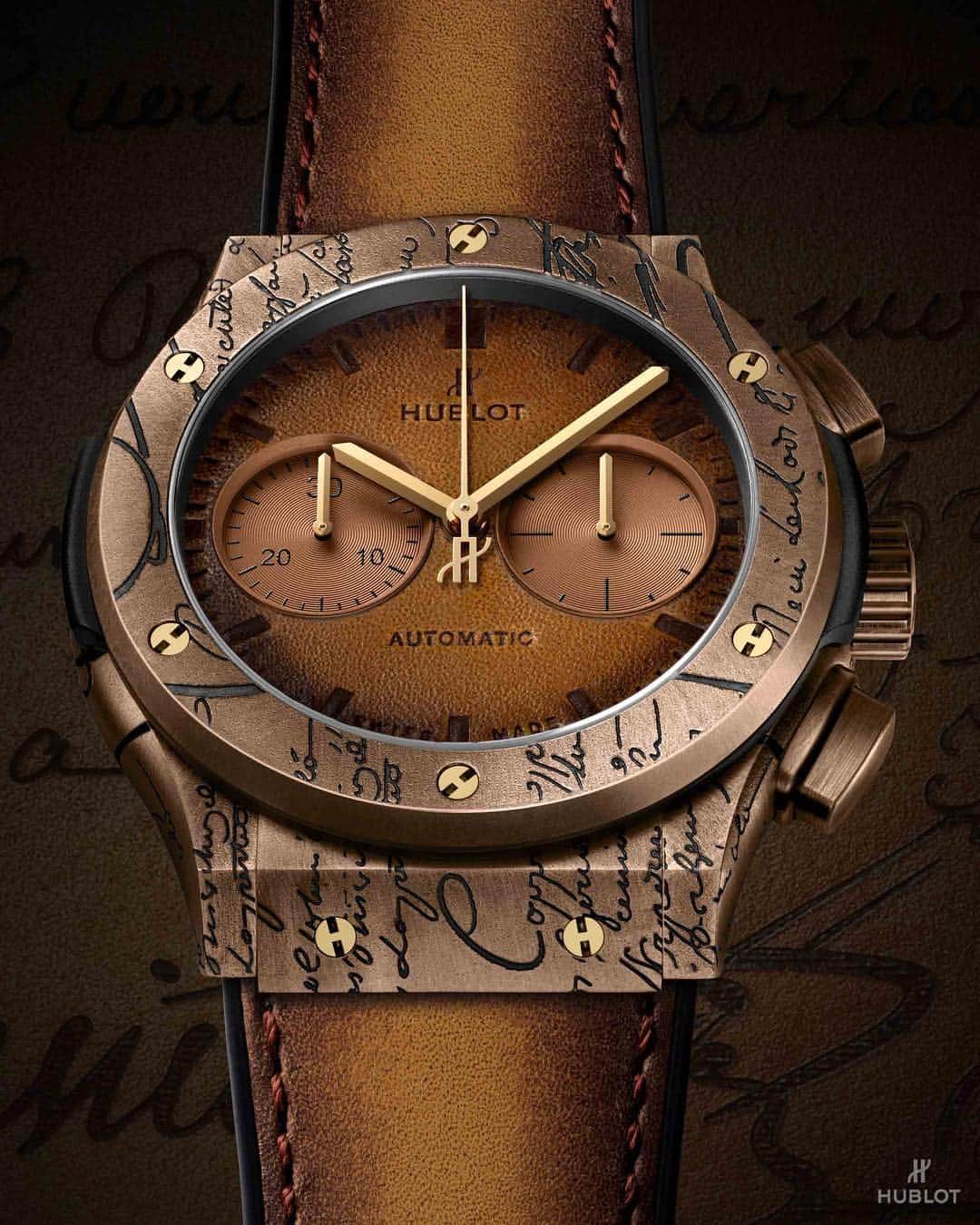 のインスタグラム：「New #ClassicFusionBerluti. For this third opus, the case and bezel are finely engraved, paying tribute to the iconic “Scritto” signature of @berluti. Available in Bronze or Titanium, paired with a Venezia Cold Brown or Cold Gold leather strap. #berluti」