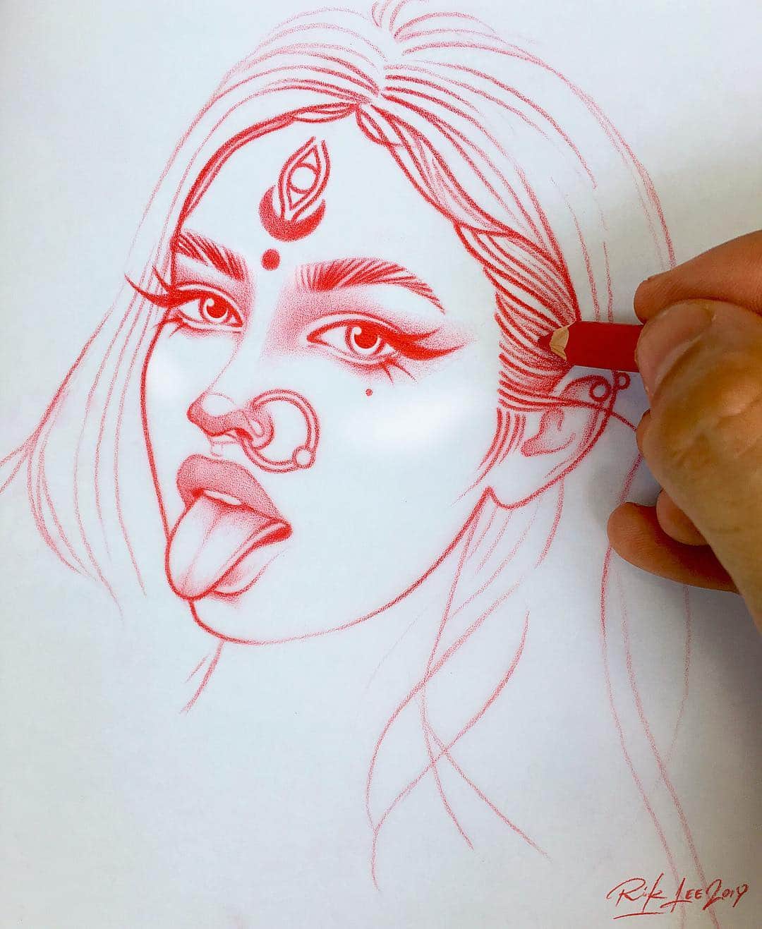 Rik Leeさんのインスタグラム写真 - (Rik LeeInstagram)「An initial sketch for a series of badass goddess babes I’m working on. I have many more details to add to this lady, but can you guess which goddess she’s inspired by? . #riklee #art #drawing #tattoo #illustration #sketch #babe #goddess #kali」5月1日 9時16分 - rikleeillustration
