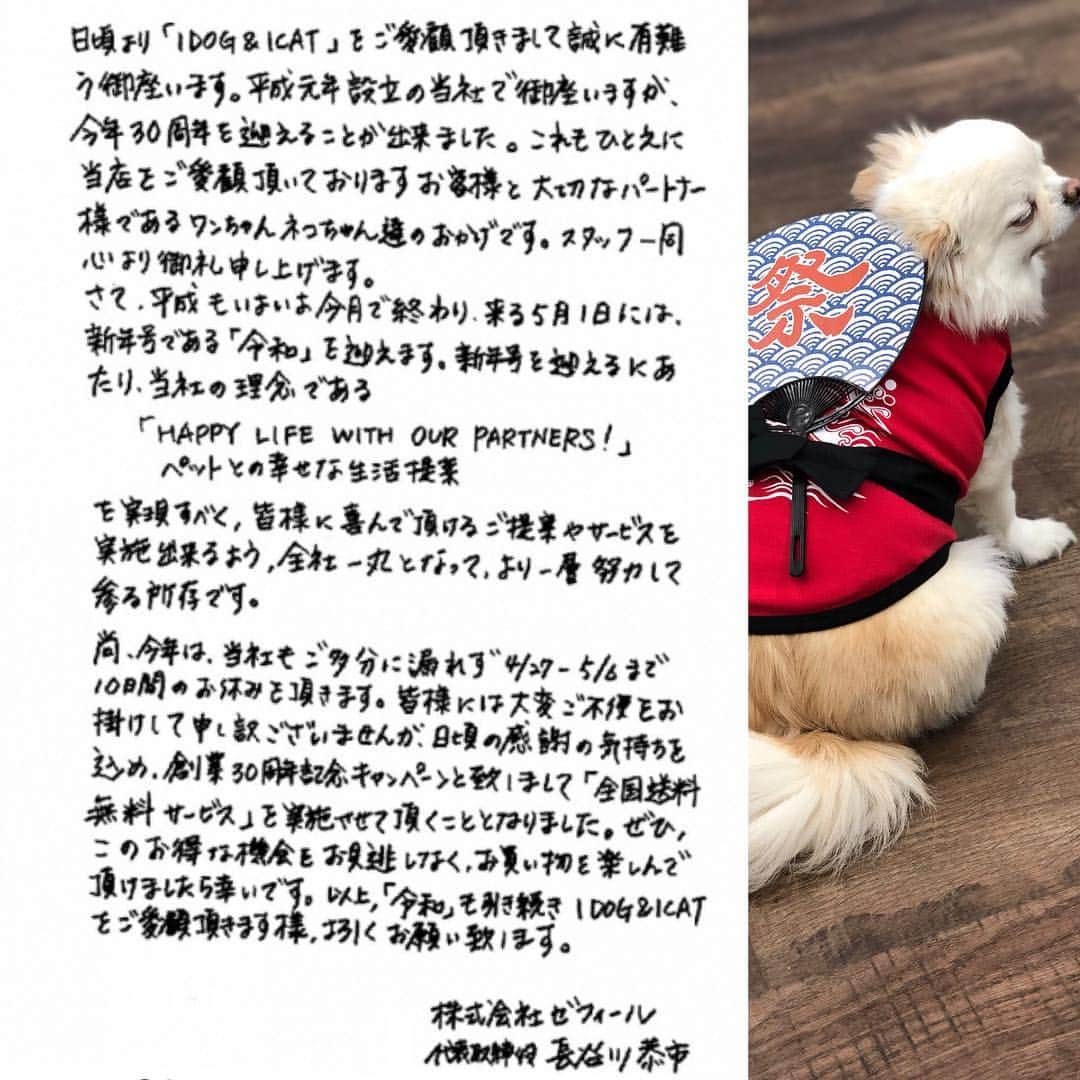 iDog&iCatさんのインスタグラム写真 - (iDog&iCatInstagram)「公式サイト限定企画 * 創業30周年特別記念｢送料無料キャンペーン｣開催中 * ㊗️令和元年㊗️ 新元号に改元され、気持ち新たにiDog＆iCatもお客様そしてワンちゃん、ネコちゃんに喜んで頂けるように努力し続けてまいります。 * GWが終わると憂鬱な梅雨時期がやってきますね。 雨の日のお散歩が可愛く楽しくなる、レインコートも準備しておきたいですね。 * 梅雨が終われば夏はすぐそこ！iDog＆iCatでは暑い夏も快適に過ごせるお洋服や乗るだけでひんやり気持ちいいベッドを多数ご用意致しております。 * 連休明け、季節の変わり目でいろいろ準備が必要になるこの時期にお得にお買い物できる｢送料無料｣をご利用頂き、楽しくお買い物をして下さい。 * 改めまして｢令和｣も引き続きiDog＆iCatを御愛顧頂きますよう宜しくお願い致します。  #idogicat #idog #icat #犬の服idog #猫 #犬 #犬服 #送料無料キャンペーン #送料無料 #全国一律 #期間限定」5月1日 11時12分 - idogicat