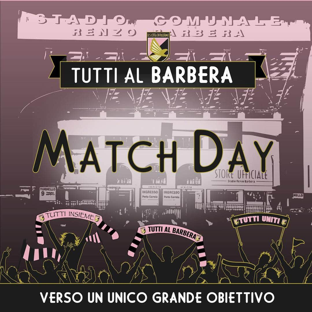 USチッタ・ディ・パレルモのインスタグラム：「📅 MATCHDAY! 🆚 Spezia 🏟 Stadio “Renzo Barbera” 🙌🏻 #TuttiAlBarbera 🏆 @legab ⏰ 12.30 📲 #PalSpe  Sarà possibile acquistare oggi i biglietti online e presso i punti vendita Vivaticket autorizzati. Tariffe ridotte per donne, Under 18, Over 65 e promo abbonamenti per la stagione 2019/2020. I dettagli sul nostro sito ufficiale 💻📲」