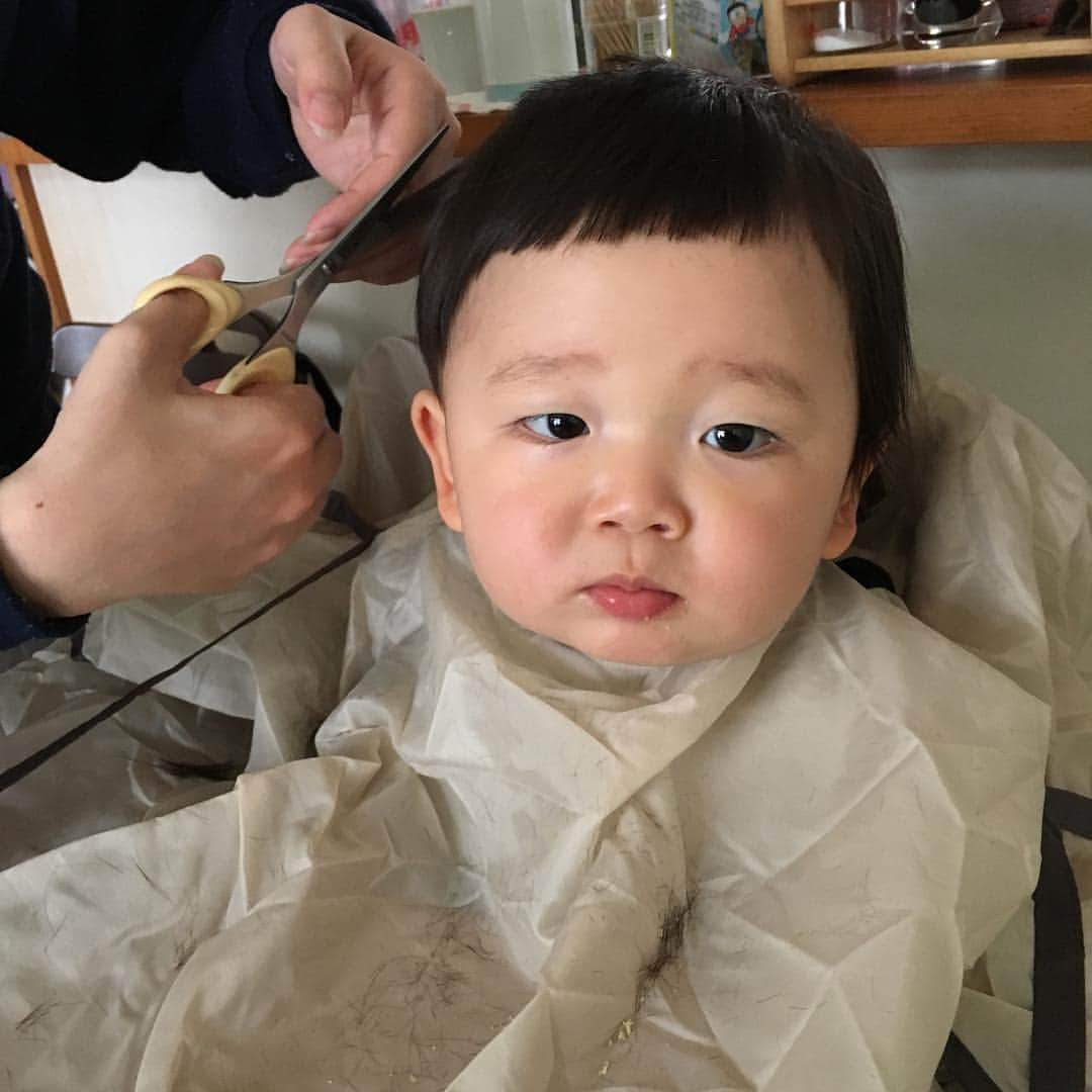 山西章博のインスタグラム：「お母さんに散髪してもらったよ。令和元年に平成生まれが昭和の髪型。 #赤ちゃん #嫡男 #せがれ #散髪 #お母さん #令和元年  #平成生まれ  #昭和の髪型  #耳だけ似てる #耳以外も似て来た #これ以上似るな #ママリ#パパリ#ベビフル#ベビリトル#コドモノ#mamanoko#コノビー#mamanokoカメラ部#mamanokoギフトキャンペーン#コドモダカラ」