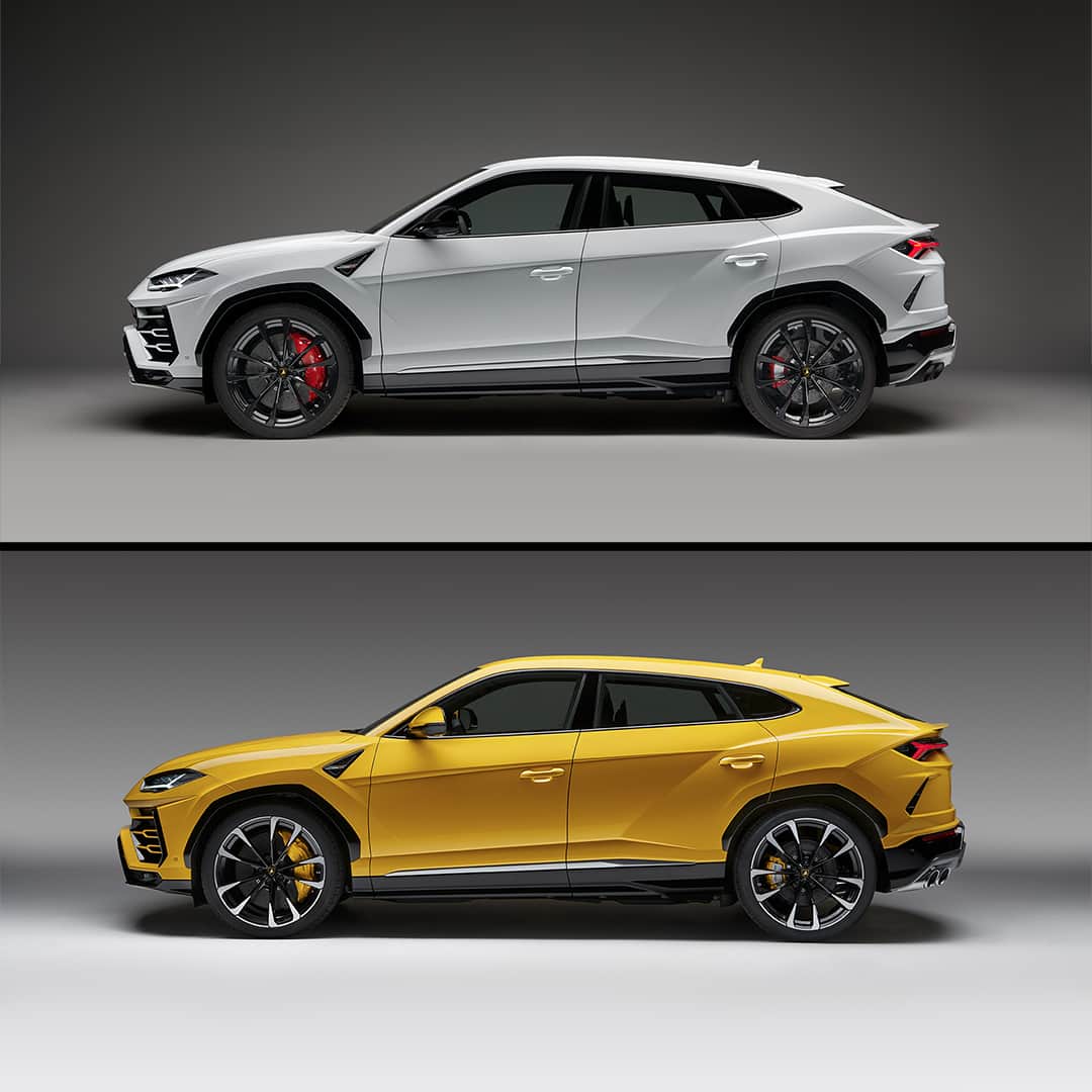 のインスタグラム：「Different colors, same point of view, same strong personality. It’s Lamborghini Urus. Better in Bianco Monocerus or in Giallo Auge?  #Lamborghini #Urus #SinceWeMadeItPossible」